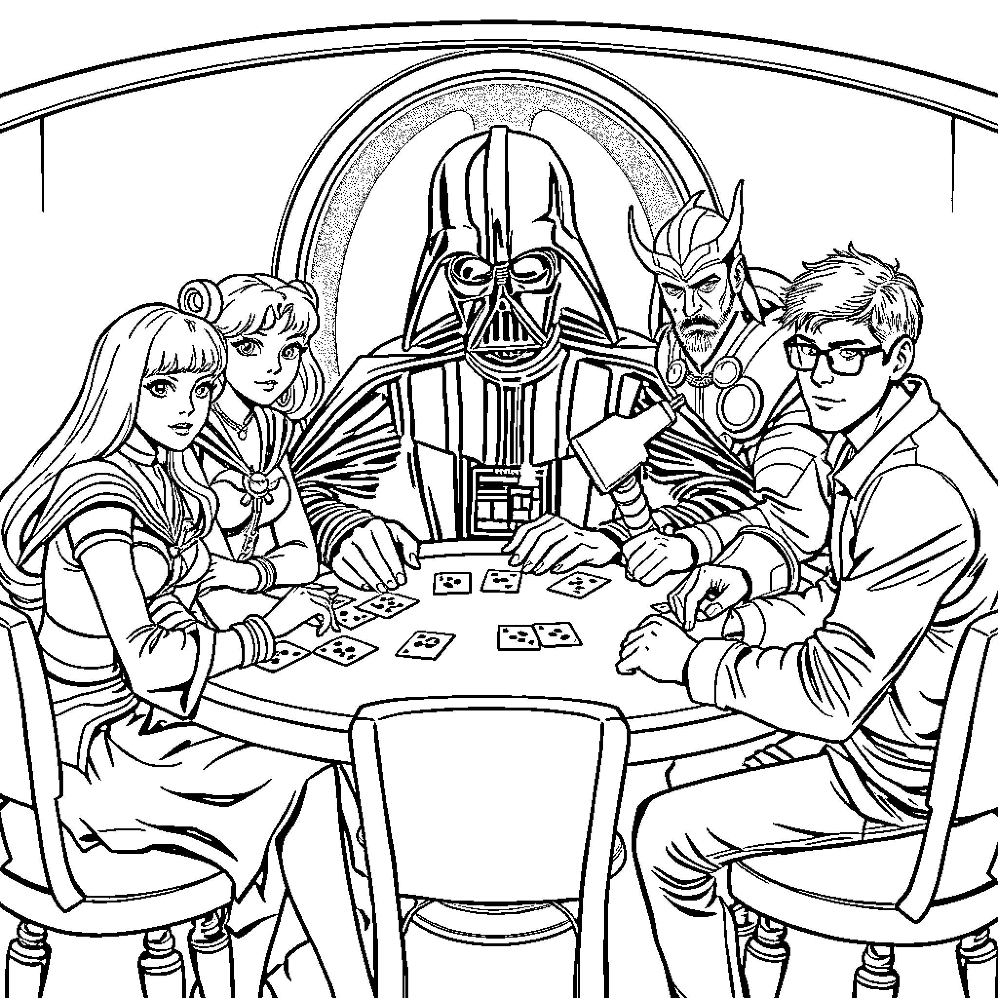 Darth Vader playing cards with companions Coloring Page (free black-and-white line drawing printable PDF for all, from beginners to advanced learners, including children, teens, adults, and seniors)