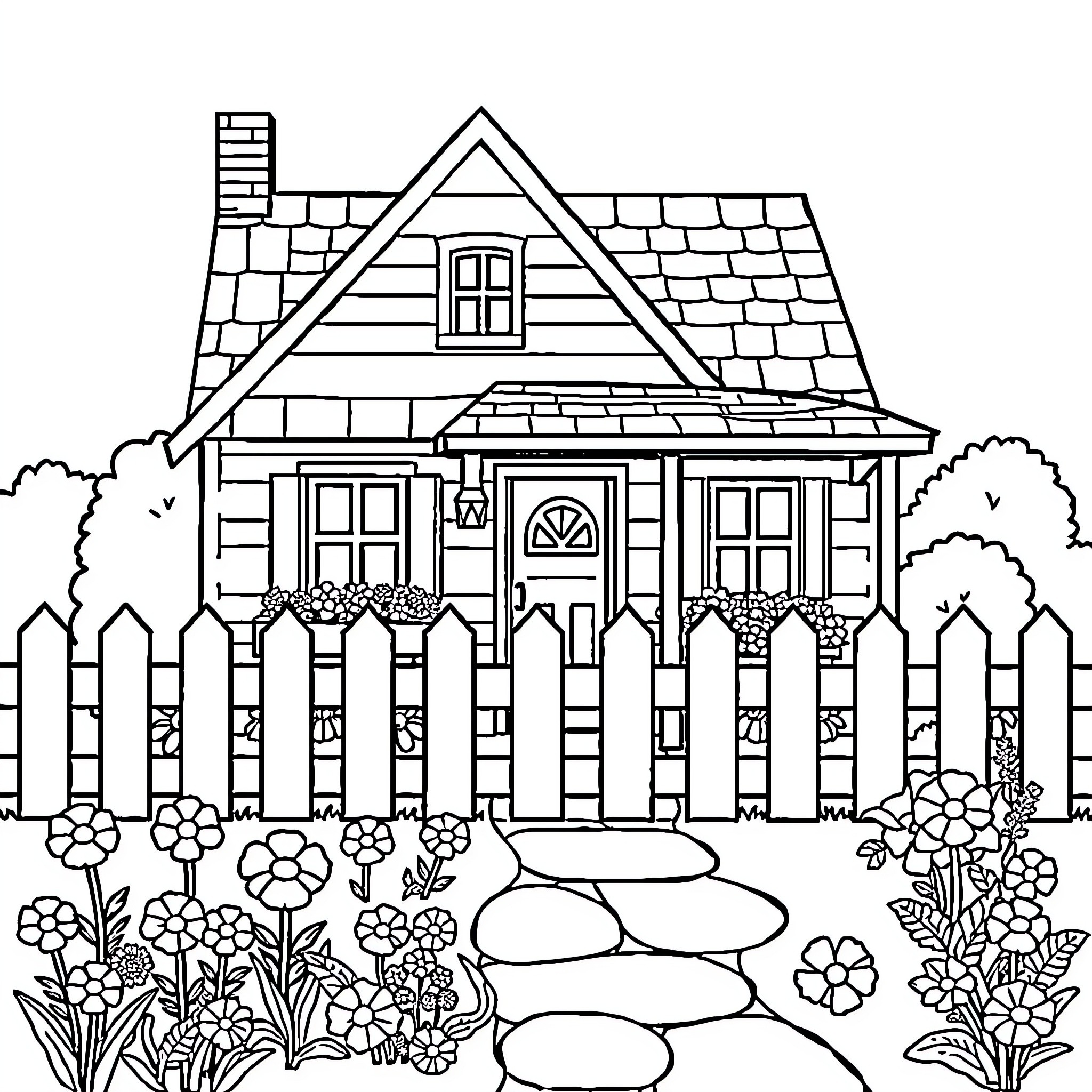 House with Detailed Exterior and Surrounding Garden Coloring Page (free black-and-white line drawing printable PDF for all, from beginners to advanced learners, including children, teens, adults, and seniors)