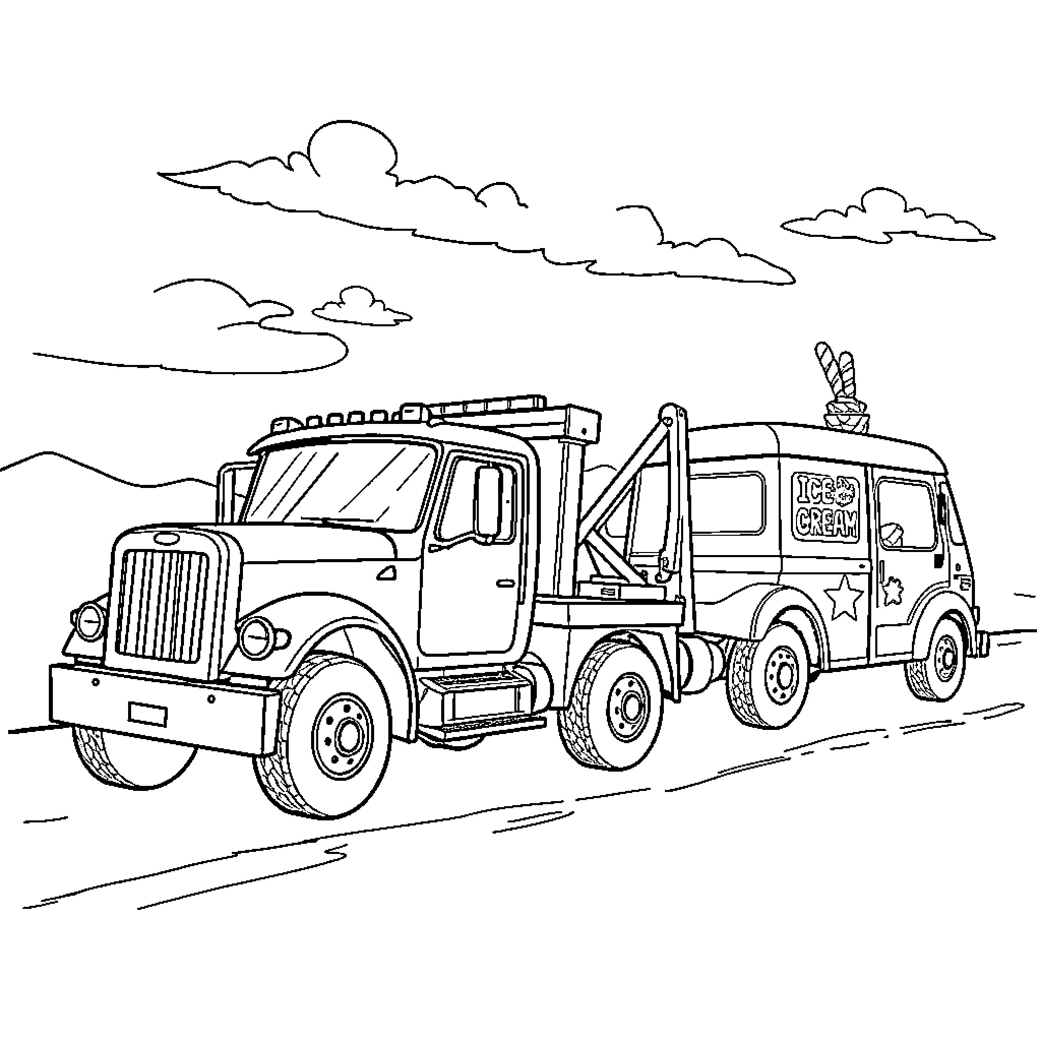 Tow Truck Rescuing Vehicle on the Road Coloring Page (free black-and-white line drawing printable PDF for all, from beginners to advanced learners, including children, teens, adults, and seniors)