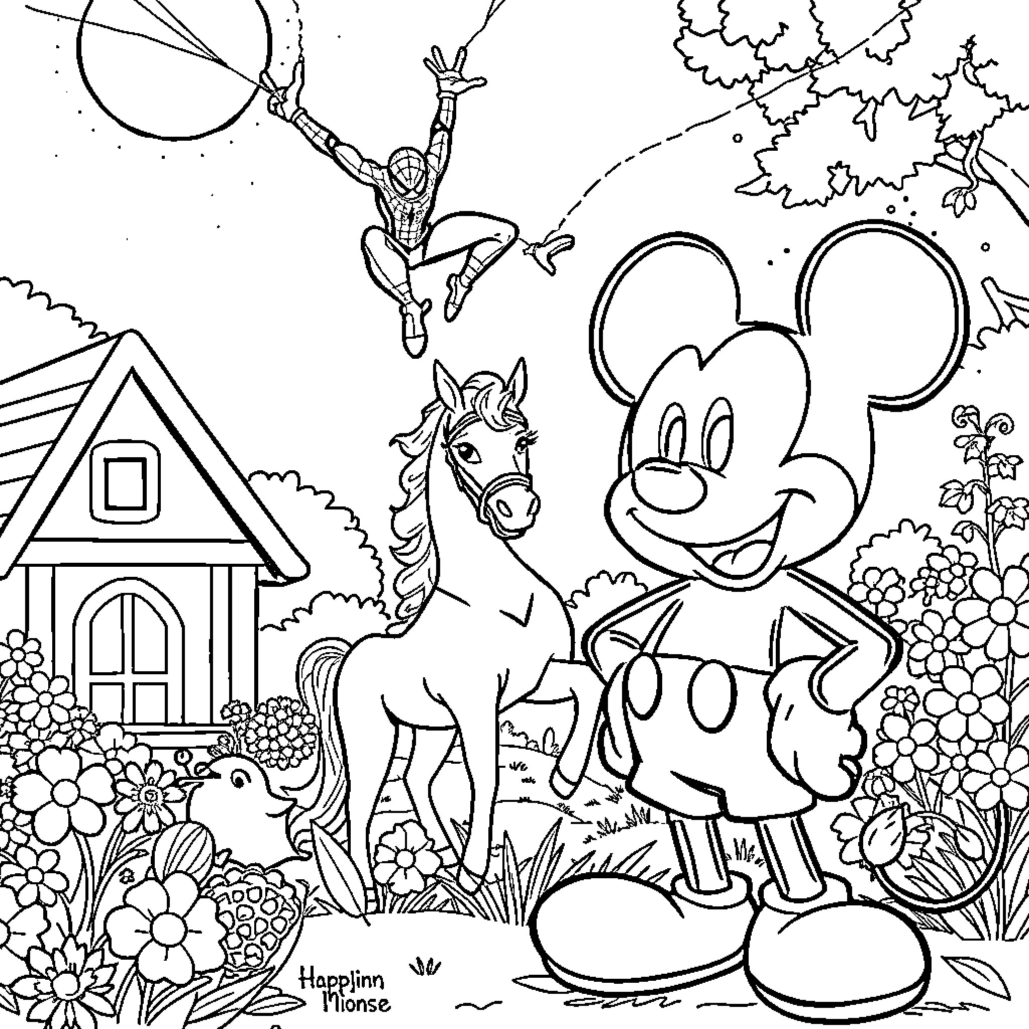 Mickey Mouse enjoying the outdoors with friends Coloring Page (free black-and-white line drawing printable PDF for all, from beginners to advanced learners, including children, teens, adults, and seniors)