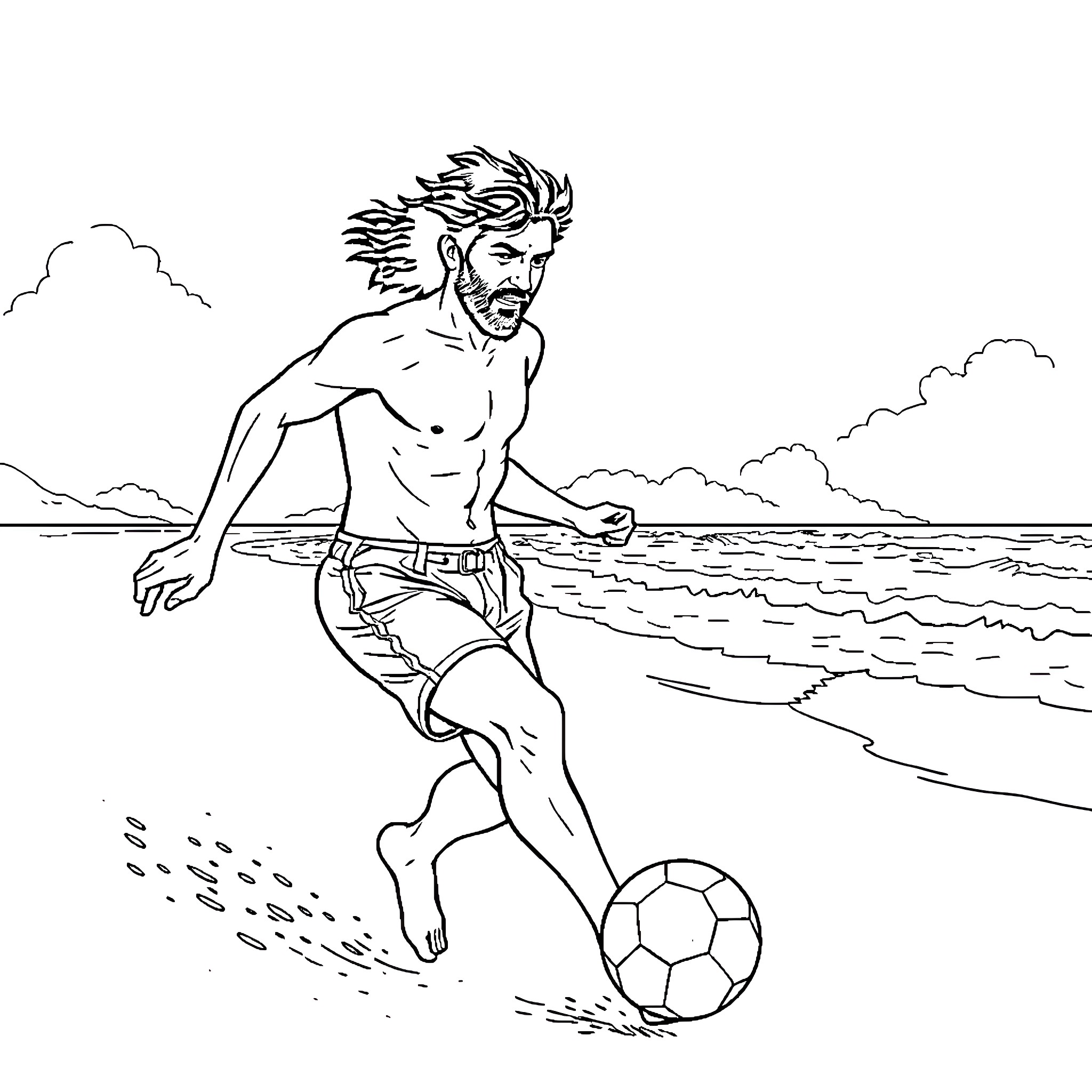 Vincent Gallo playing soccer on the beach Coloring Page (free black-and-white line drawing printable PDF for all, from beginners to advanced learners, including children, teens, adults, and seniors)