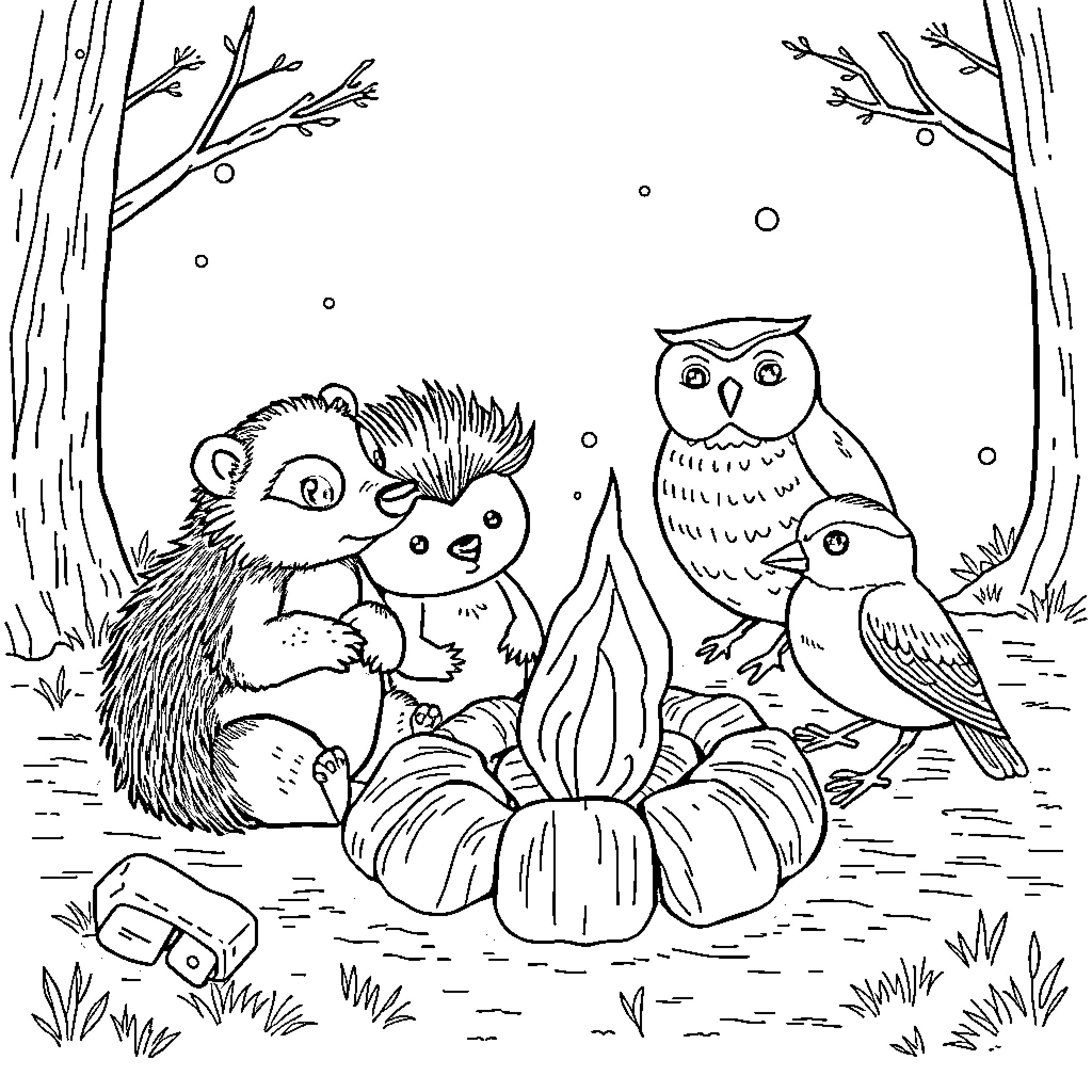 Animal friends gathering around campfire in forest Coloring Page (free black-and-white line drawing printable PDF for all, from beginners to advanced learners, including children, teens, adults, and seniors)