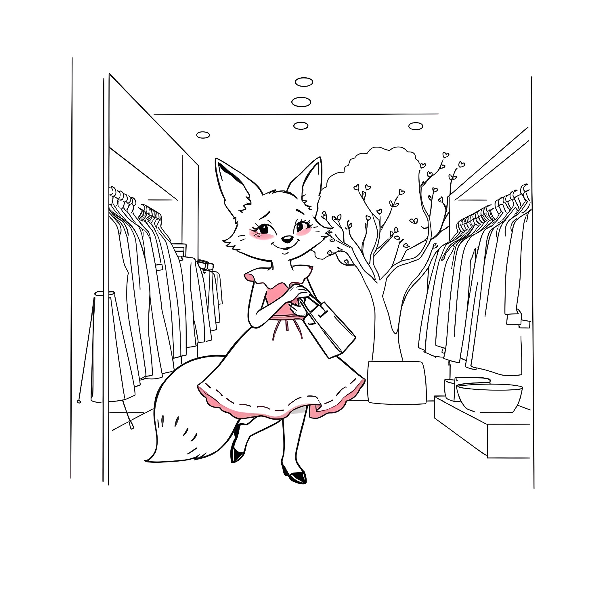 Fox enjoying shopping spree in the boutique Coloring Page (free black-and-white line drawing printable PDF for all, from beginners to advanced learners, including children, teens, adults, and seniors)