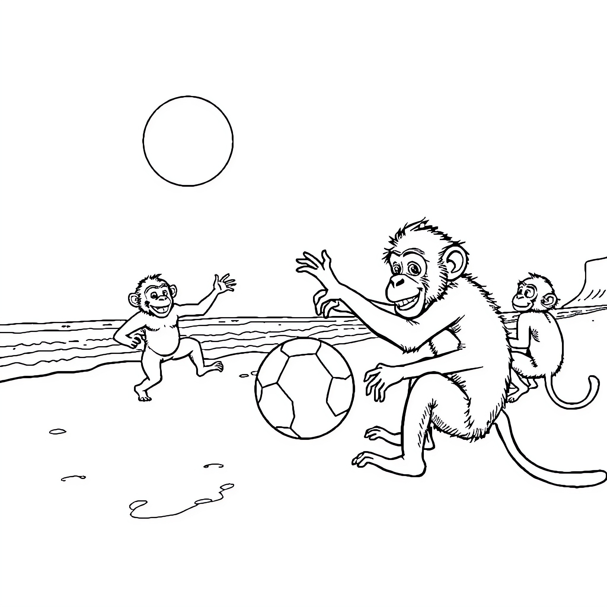 Monkeys playing with soccer ball on the beach Coloring Page (free black-and-white line drawing printable PDF for all, from beginners to advanced learners, including children, teens, adults, and seniors)