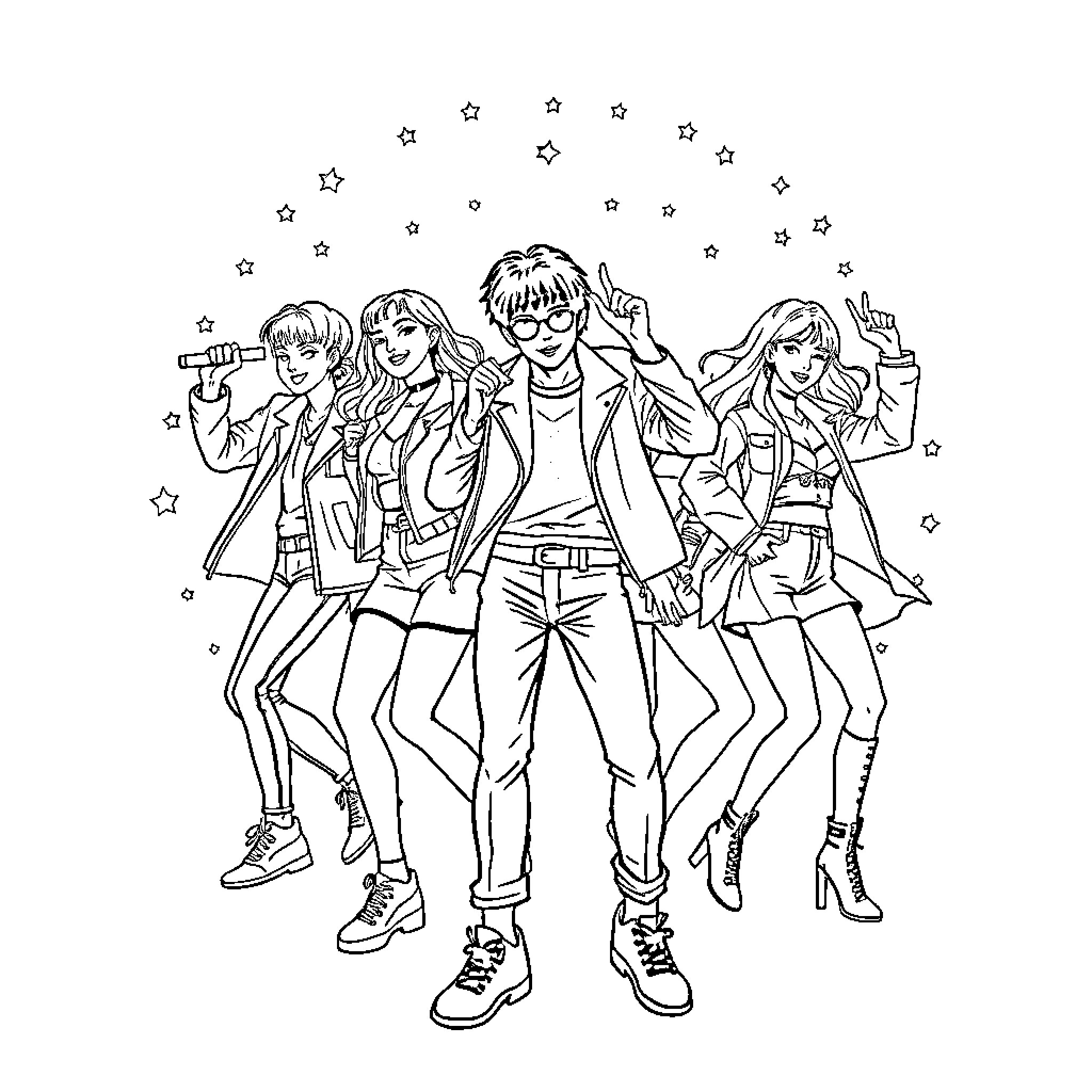 K Pop Group Posing With Stylish Outfits and Expressions Coloring Page (free black-and-white line drawing printable PDF for all, from beginners to advanced learners, including children, teens, adults, and seniors)