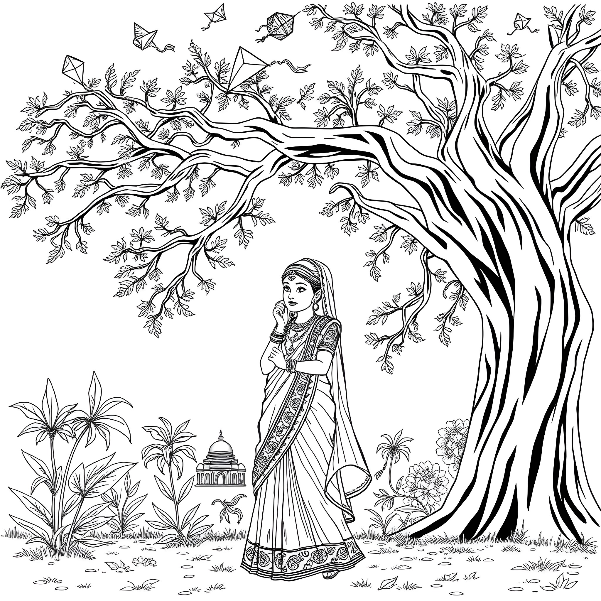 Girl in traditional dress under a tree Coloring Page (free black-and-white line drawing printable PDF for all, from beginners to advanced learners, including children, teens, adults, and seniors)