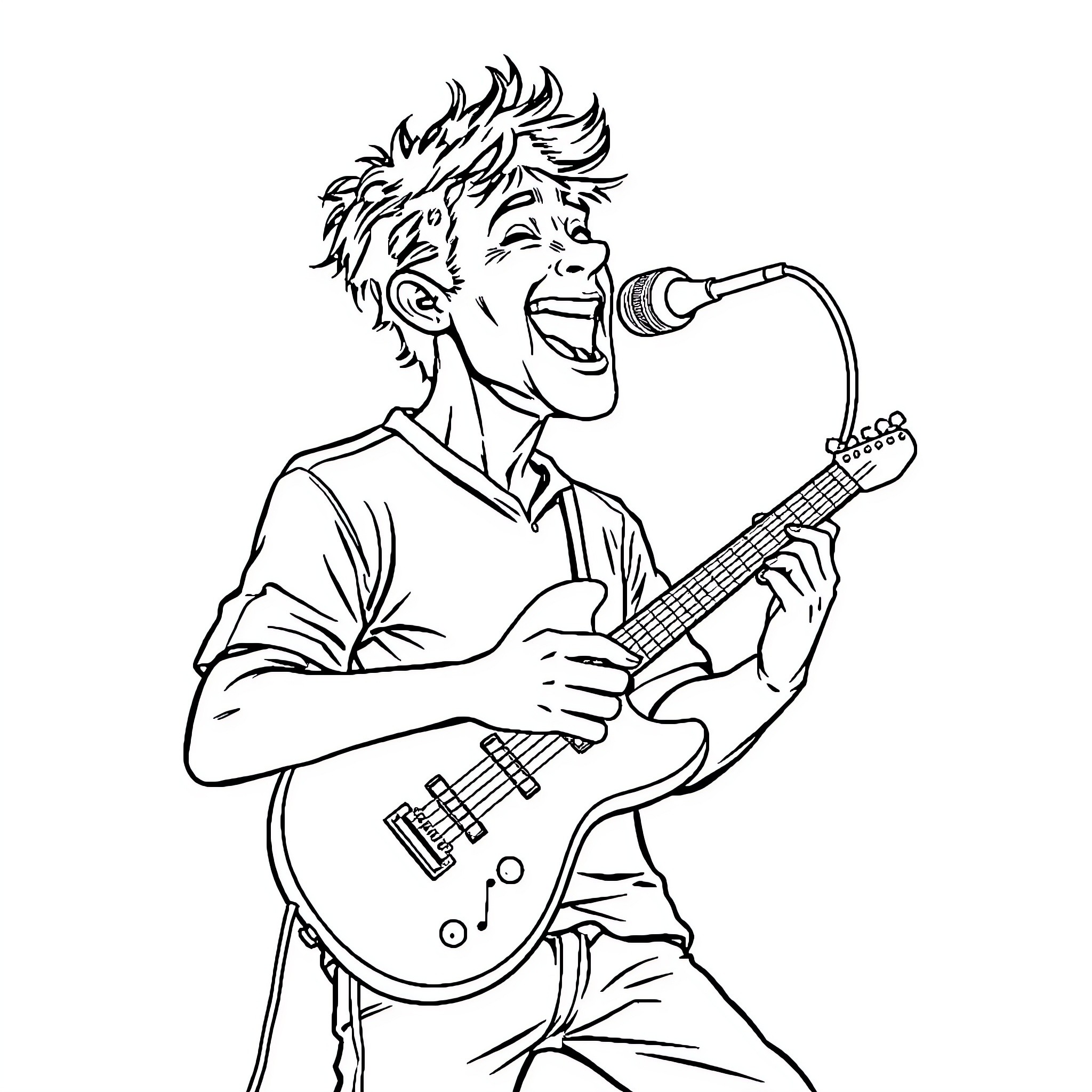 Man passionately singing and playing guitar Coloring Page (free black-and-white line drawing printable PDF for all, from beginners to advanced learners, including children, teens, adults, and seniors)