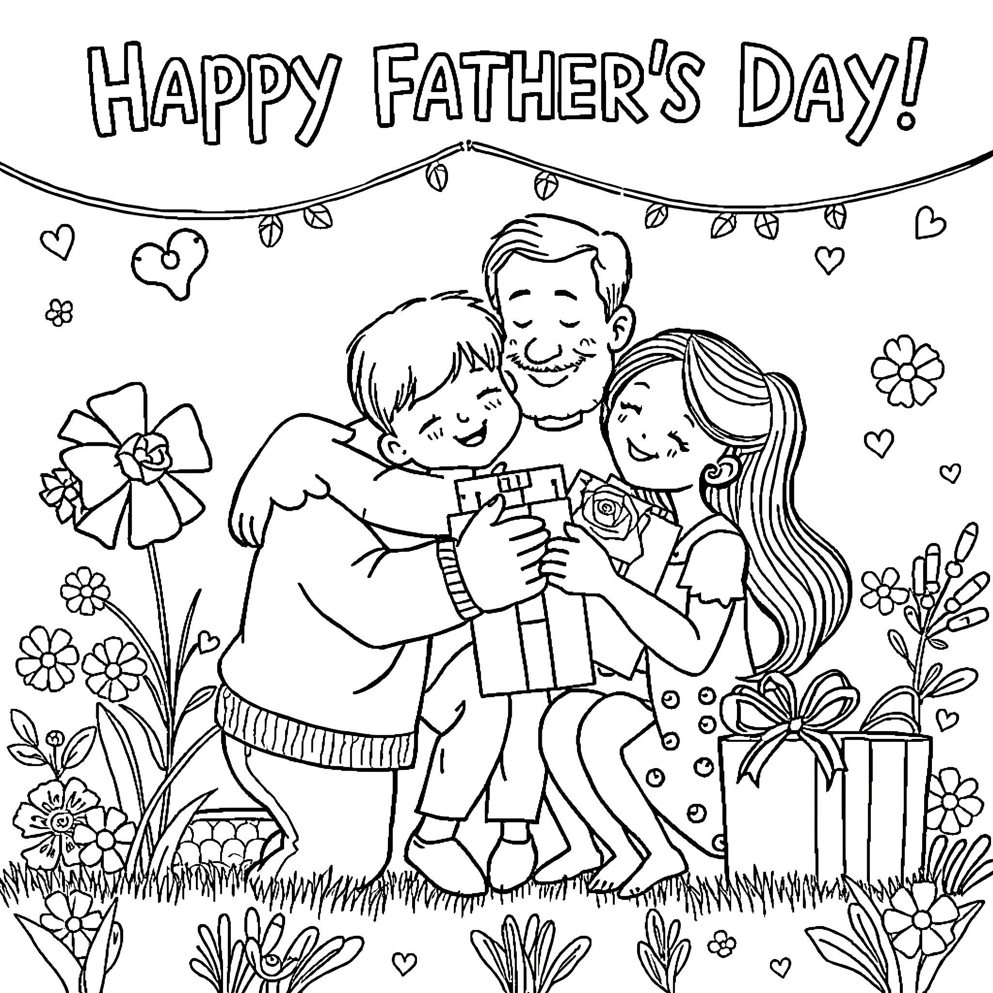Father's Day with Happy Family Celebration Coloring Page (free black-and-white line drawing printable PDF for all, from beginners to advanced learners, including children, teens, adults, and seniors)