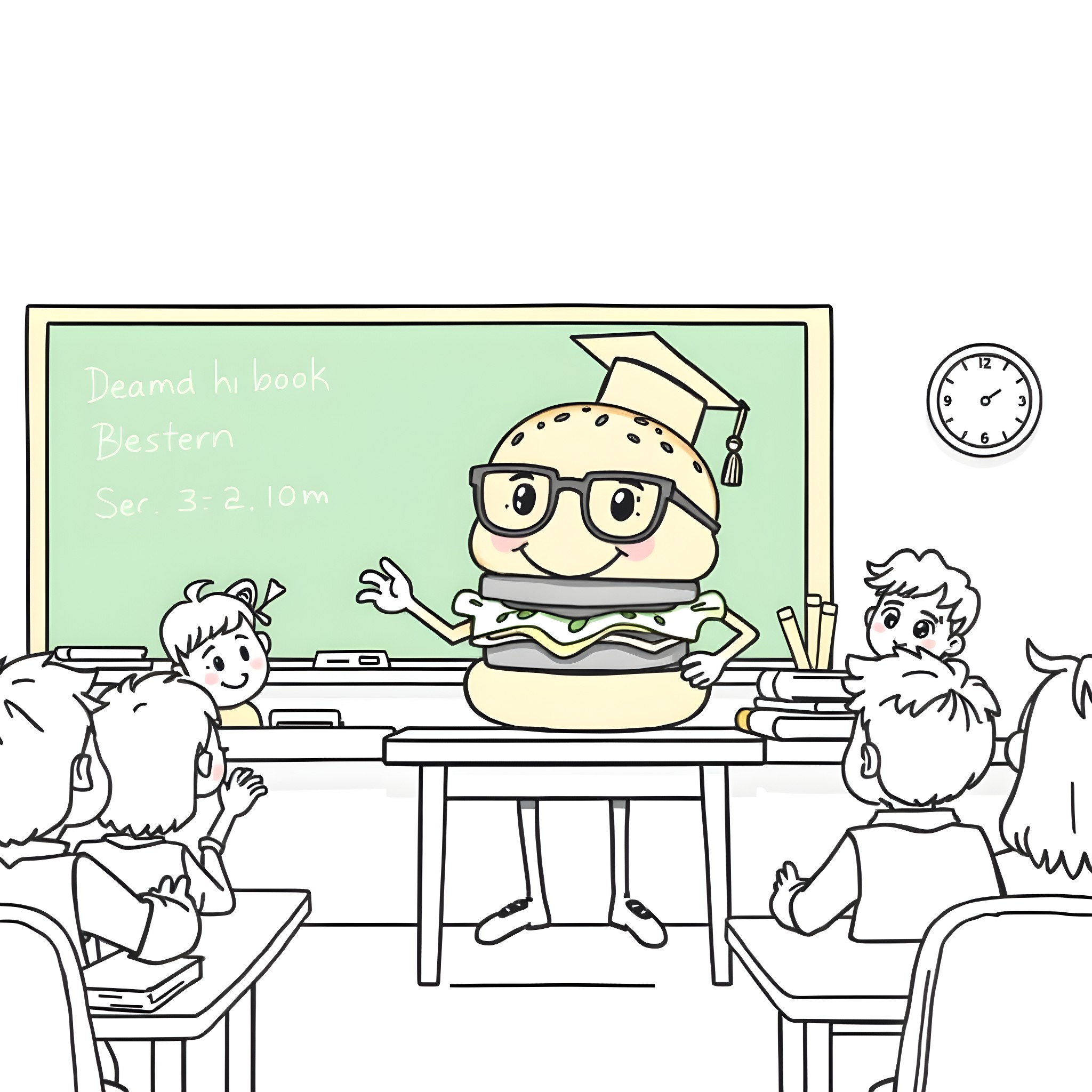 Hamburger professor teaching students in classroom Coloring Page (free black-and-white line drawing printable PDF for all, from beginners to advanced learners, including children, teens, adults, and seniors)