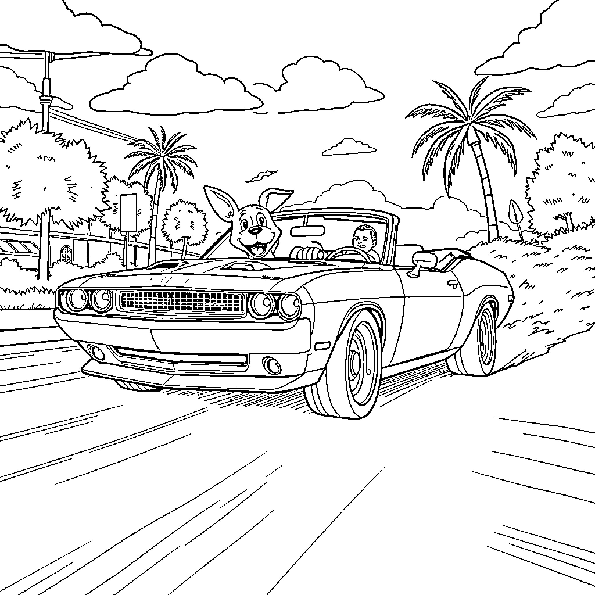 Car racing through tropical landscape with palm trees Coloring Page (free black-and-white line drawing printable PDF for all, from beginners to advanced learners, including children, teens, adults, and seniors)