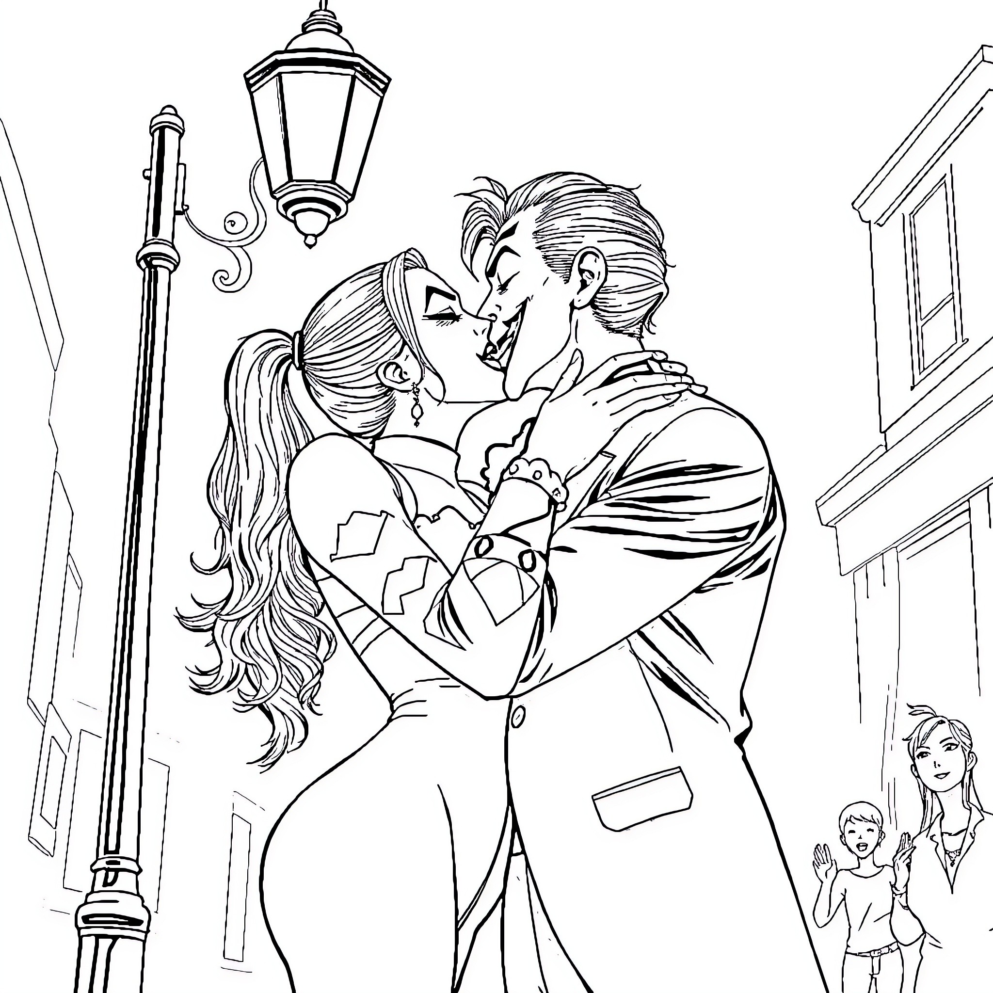 Joker Couple Embracing in the Street Coloring Page (free black-and-white line drawing printable PDF for all, from beginners to advanced learners, including children, teens, adults, and seniors)