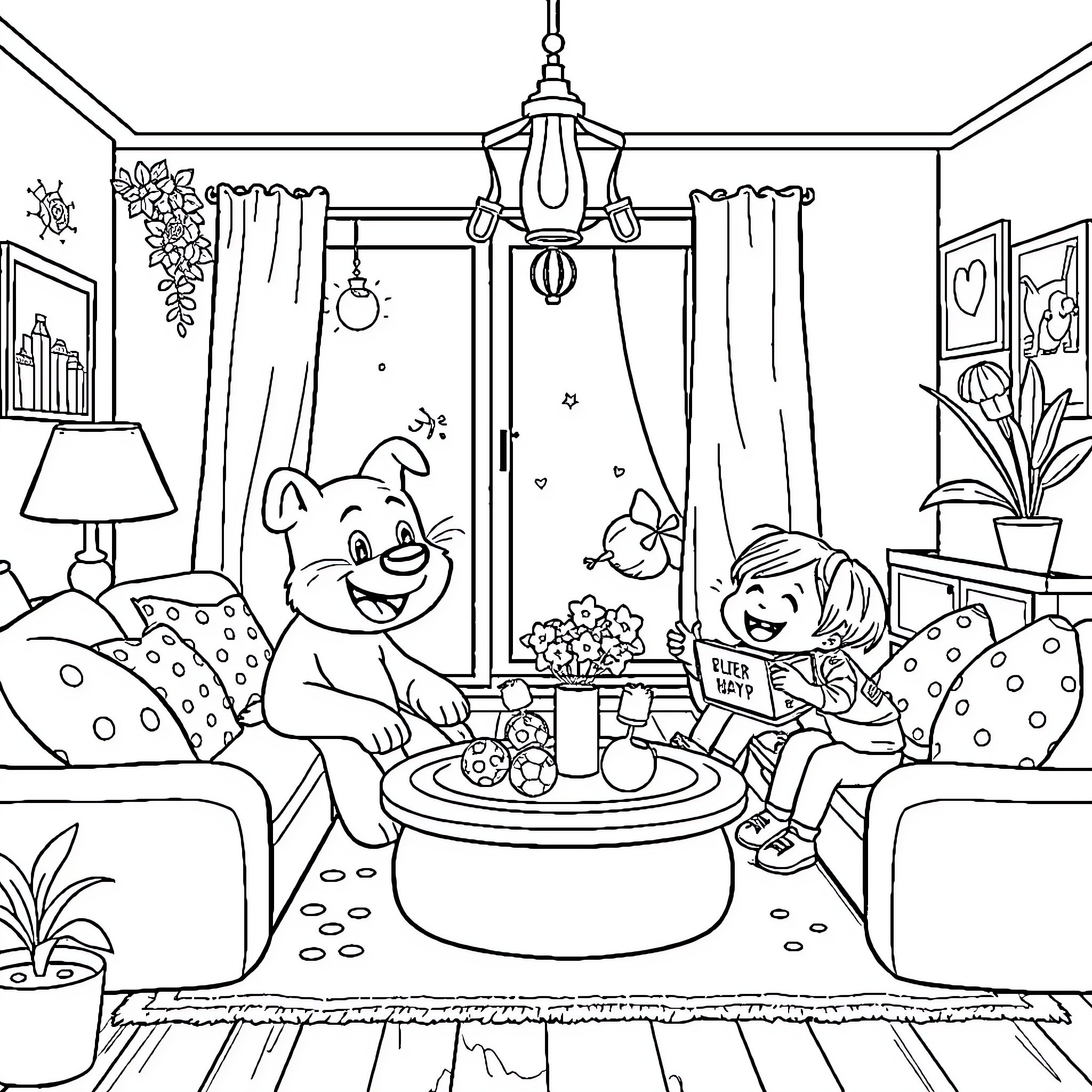 Bluey's Cozy Living Room Adventure Coloring Page (free black-and-white line drawing printable PDF for all, from beginners to advanced learners, including children, teens, adults, and seniors)
