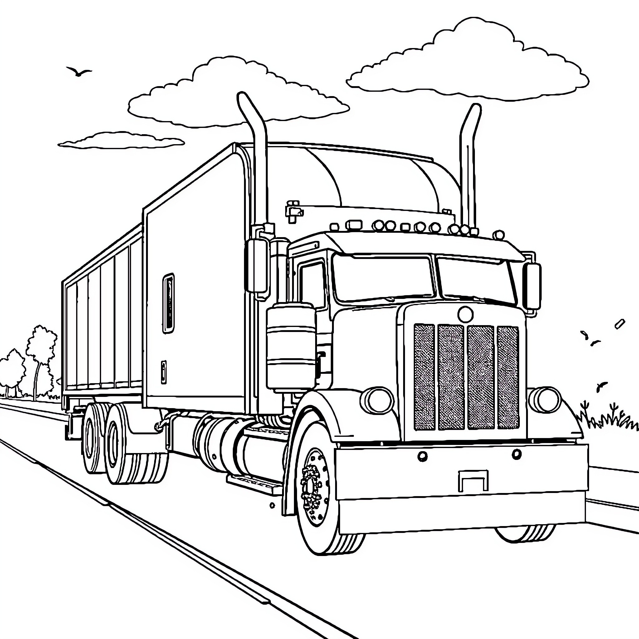 Truck transporting cargo on a rural road Coloring Page (free black-and-white line drawing printable PDF for all, from beginners to advanced learners, including children, teens, adults, and seniors)