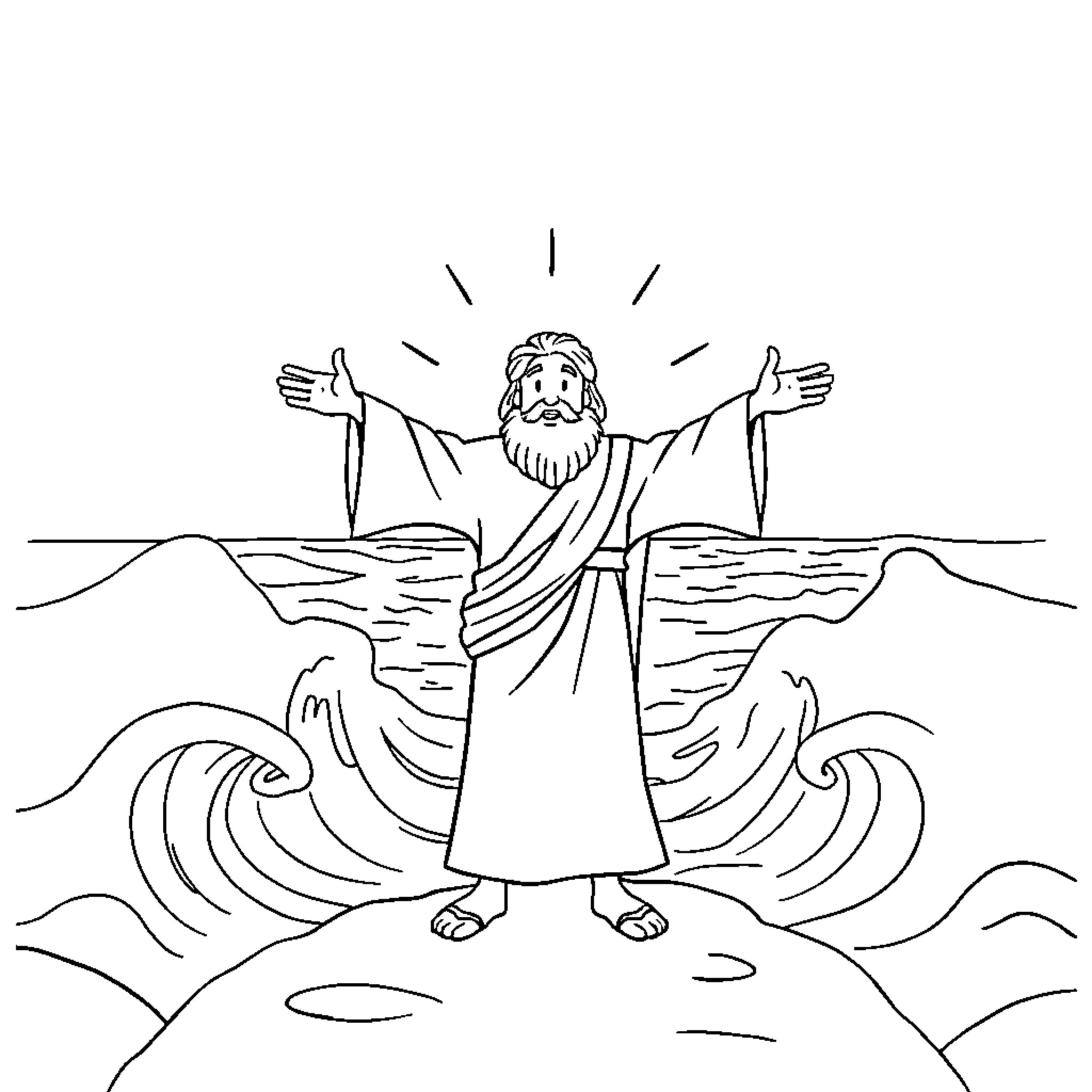 Moses parts the Red Sea with outstretched arms Coloring Page (free black-and-white line drawing printable PDF for all, from beginners to advanced learners, including children, teens, adults, and seniors)