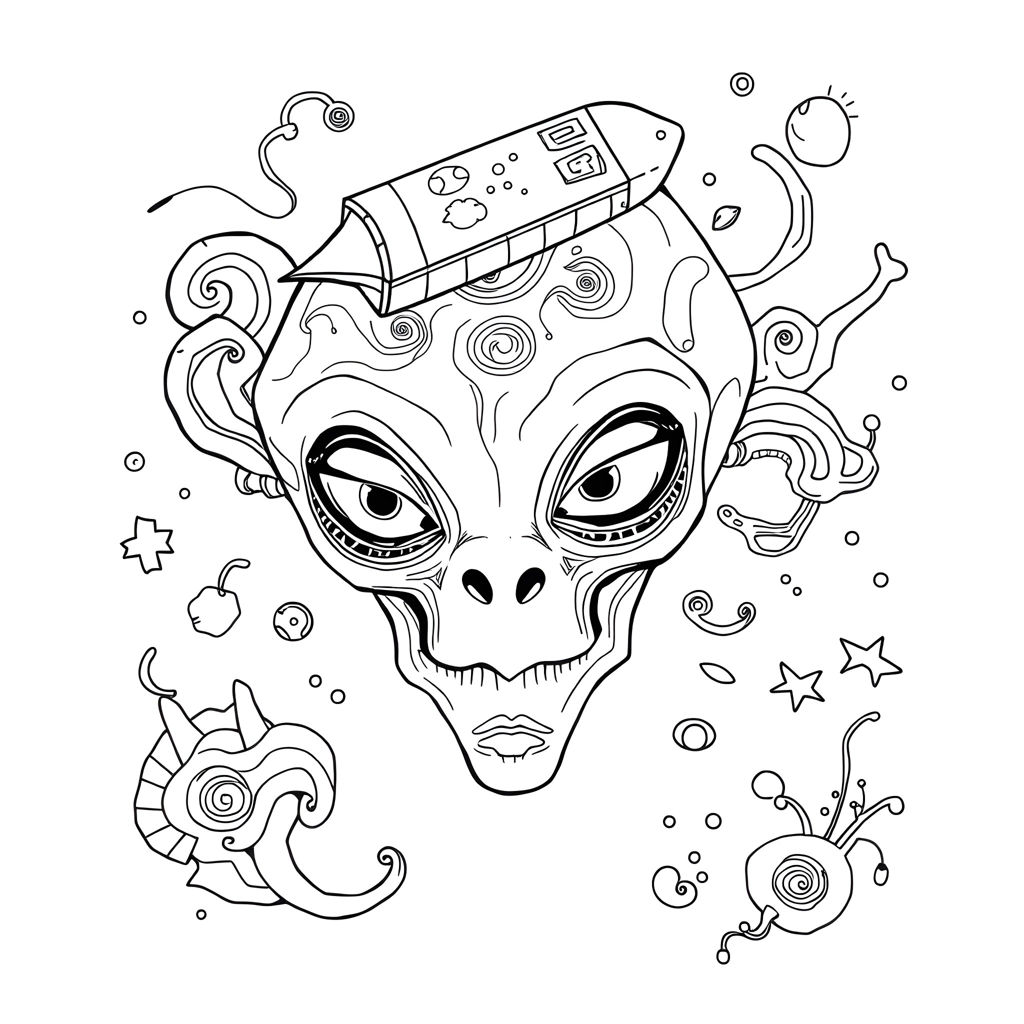 Alien Spacecraft with Whimsical Designs Coloring Page (free black-and-white line drawing printable PDF for all, from beginners to advanced learners, including children, teens, adults, and seniors)