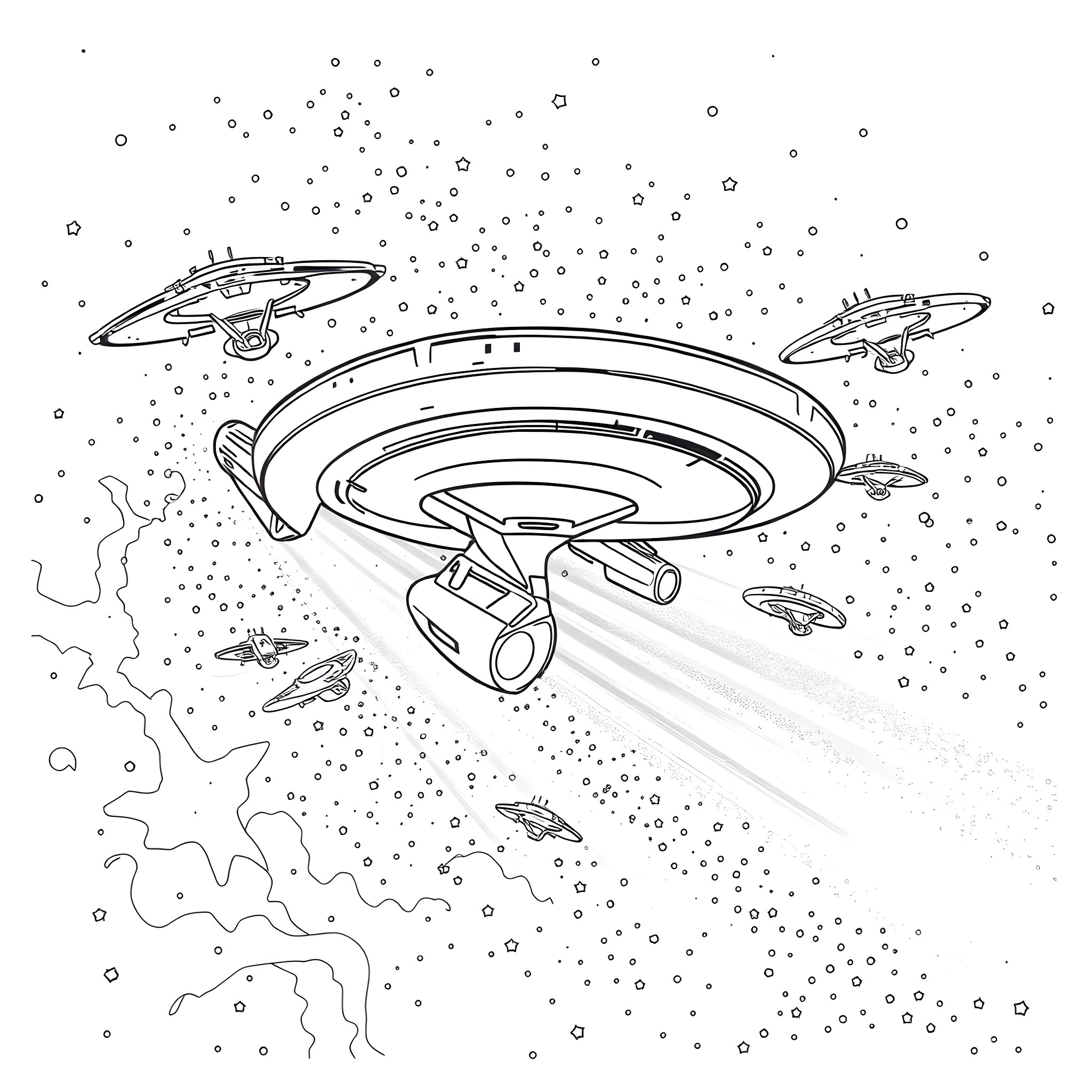 USS Enterprise interstellar exploration mission in deep space Coloring Page (free black-and-white line drawing printable PDF for all, from beginners to advanced learners, including children, teens, adults, and seniors)