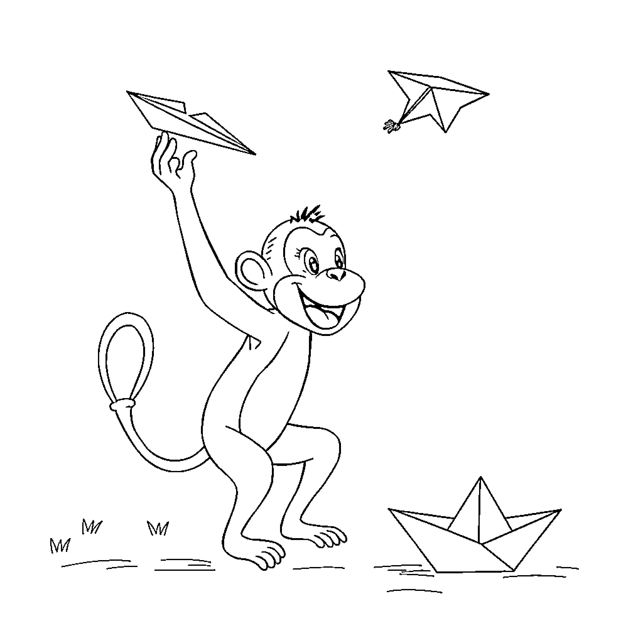 Monkey playing with paper airplanes on water Coloring Page (free black-and-white line drawing printable PDF for all, from beginners to advanced learners, including children, teens, adults, and seniors)