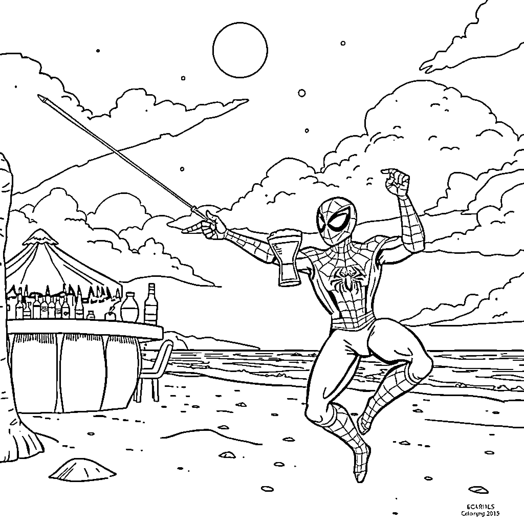 Spiderman dancing happily on a tropical beach Coloring Page (free black-and-white line drawing printable PDF for all, from beginners to advanced learners, including children, teens, adults, and seniors)