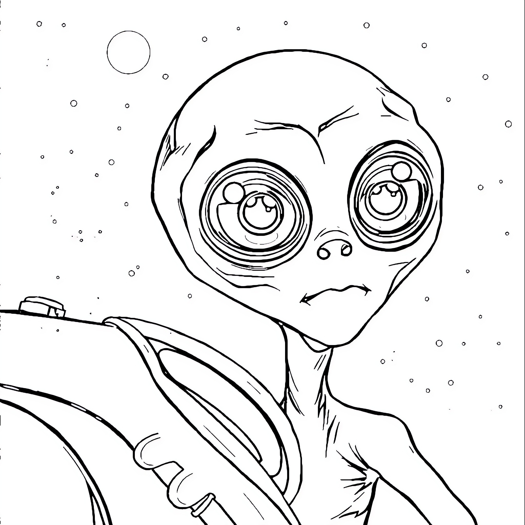 Extraterrestrial Being Observing Cosmic Scenery Coloring Page (free black-and-white line drawing printable PDF for all, from beginners to advanced learners, including children, teens, adults, and seniors)