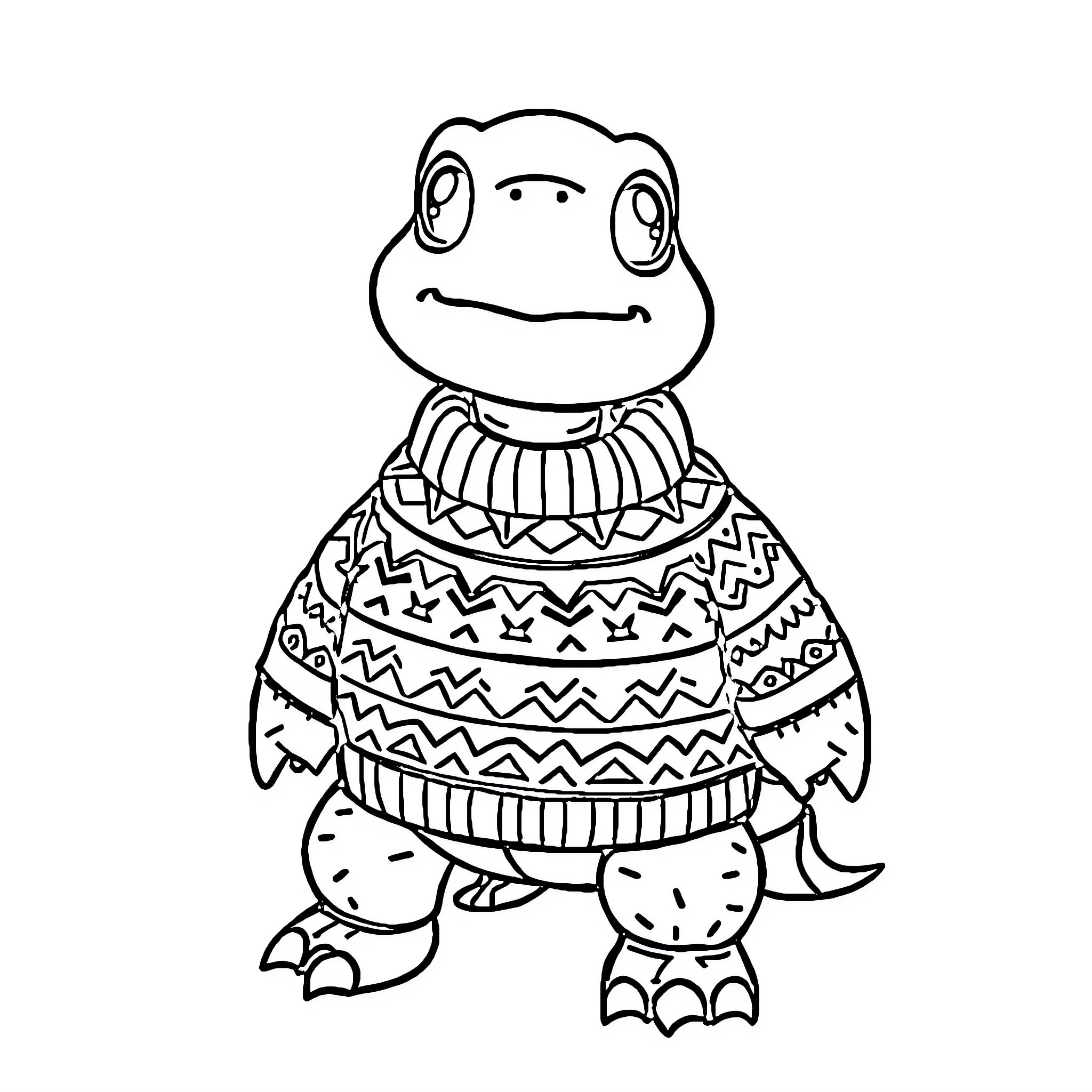 Turtle in Vibrant Patterned Sweater Coloring Page (free black-and-white line drawing printable PDF for all, from beginners to advanced learners, including children, teens, adults, and seniors)