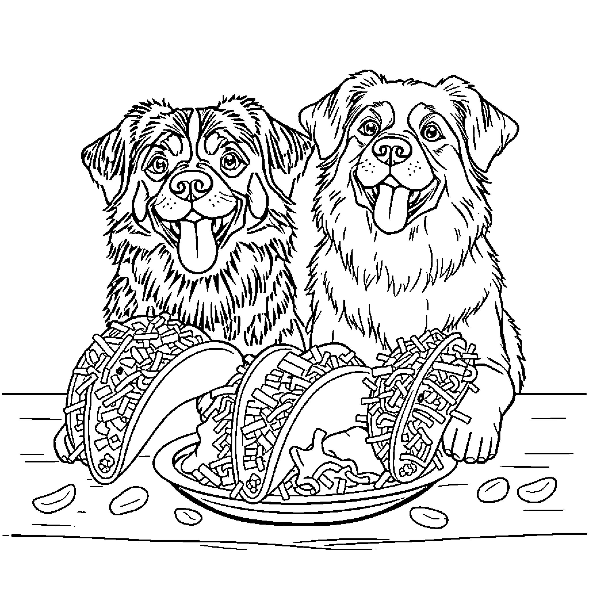 Dog Friends Sharing Tacos in a Bowl Coloring Page (free black-and-white line drawing printable PDF for all, from beginners to advanced learners, including children, teens, adults, and seniors)