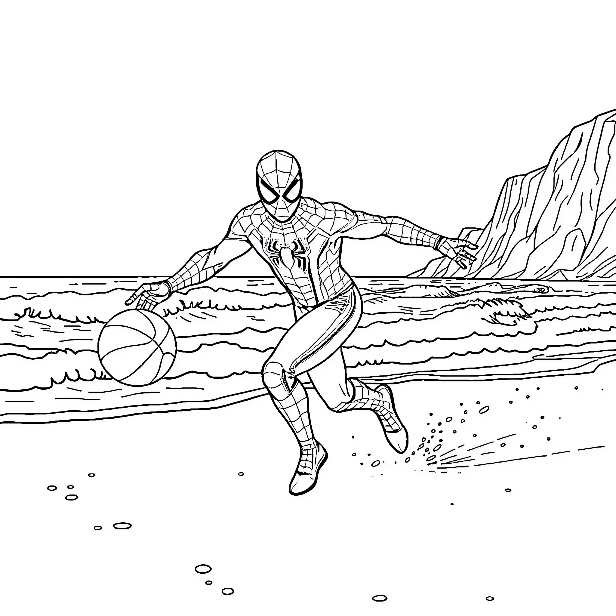 Spiderman playing on the beach with a ball Coloring Page (free black-and-white line drawing printable PDF for all, from beginners to advanced learners, including children, teens, adults, and seniors)