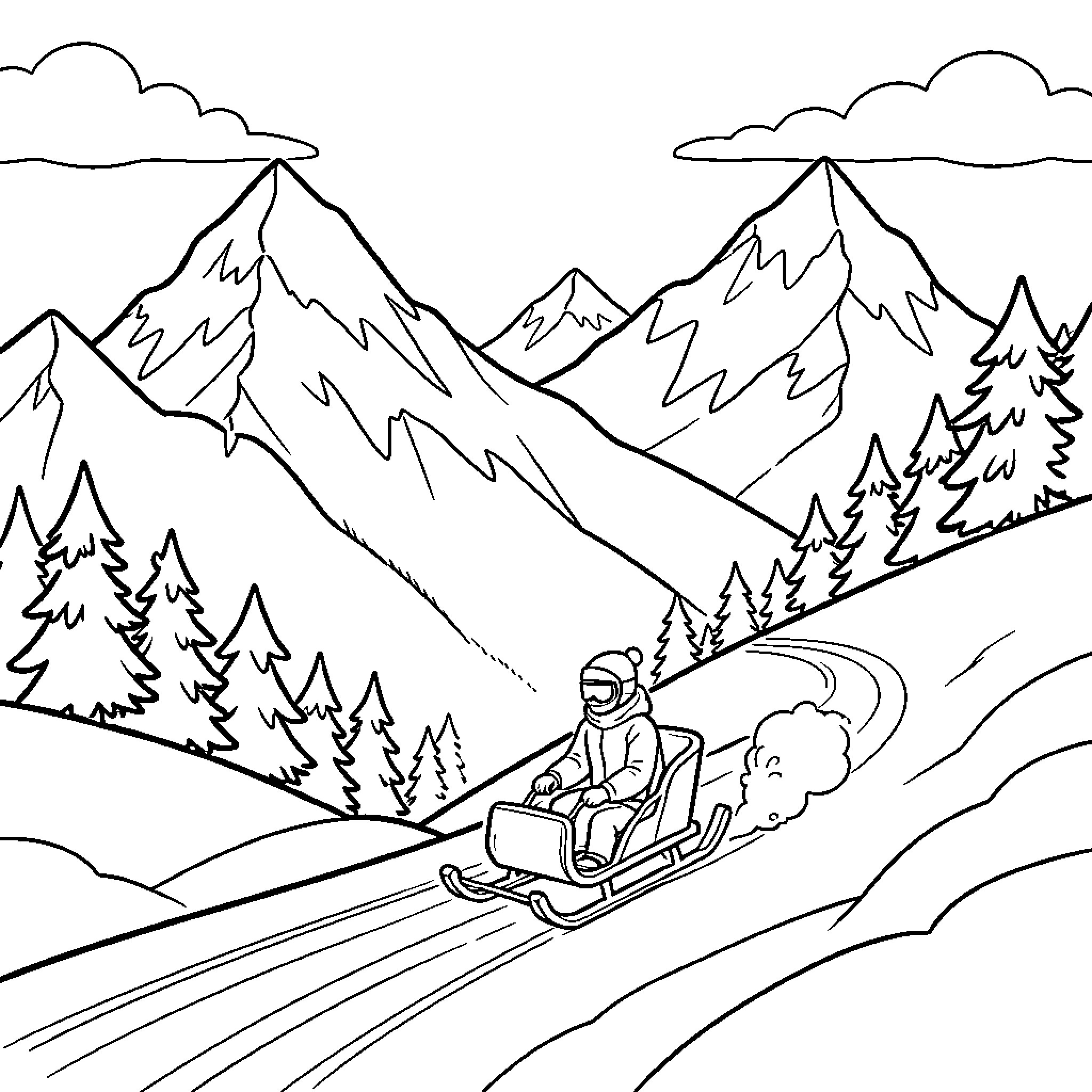 Sledge riding down a snowy mountain slope Coloring Page (free black-and-white line drawing printable PDF for all, from beginners to advanced learners, including children, teens, adults, and seniors)