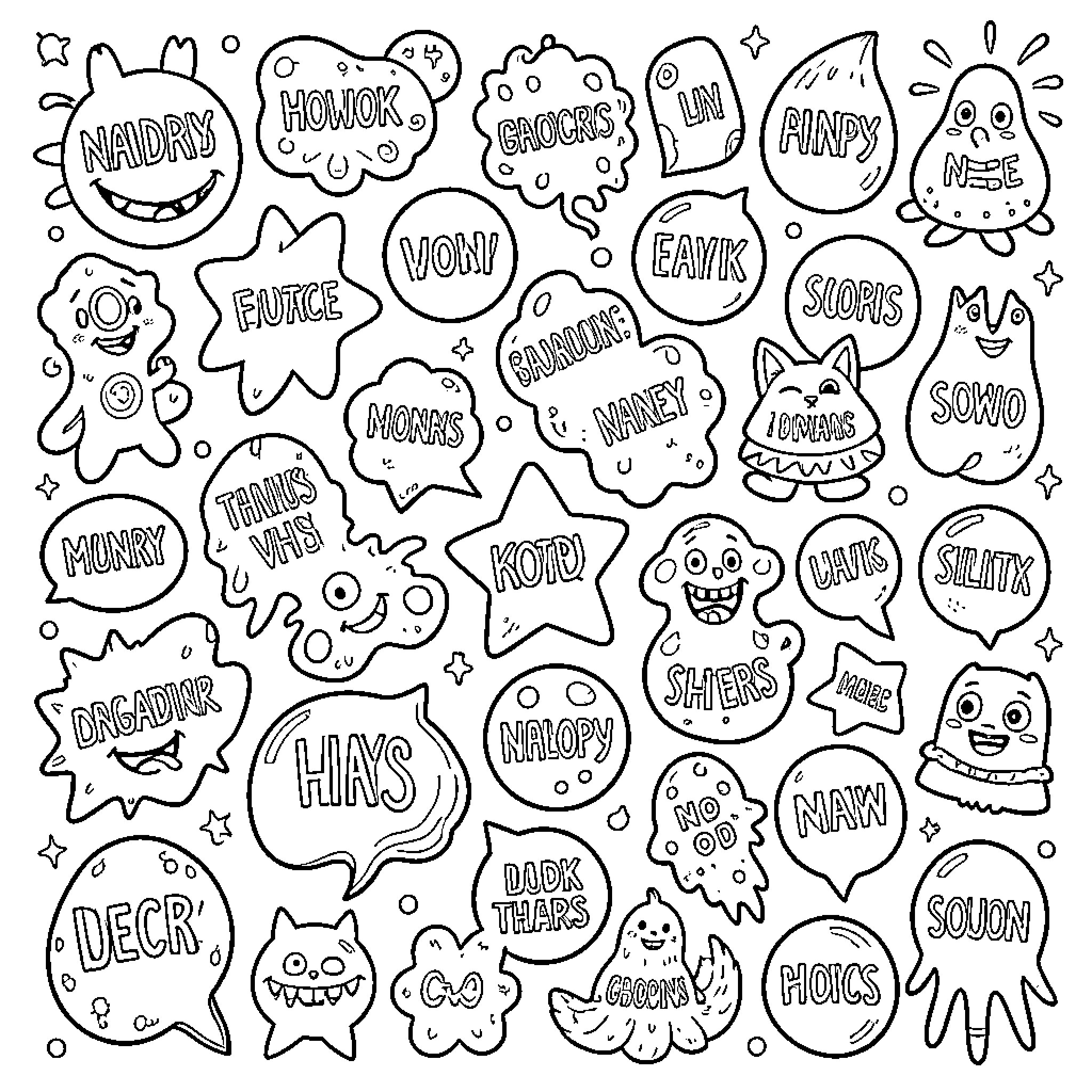 Shape of Whimsical and Expressive Doodles Coloring Page (free black-and-white line drawing printable PDF for all, from beginners to advanced learners, including children, teens, adults, and seniors)