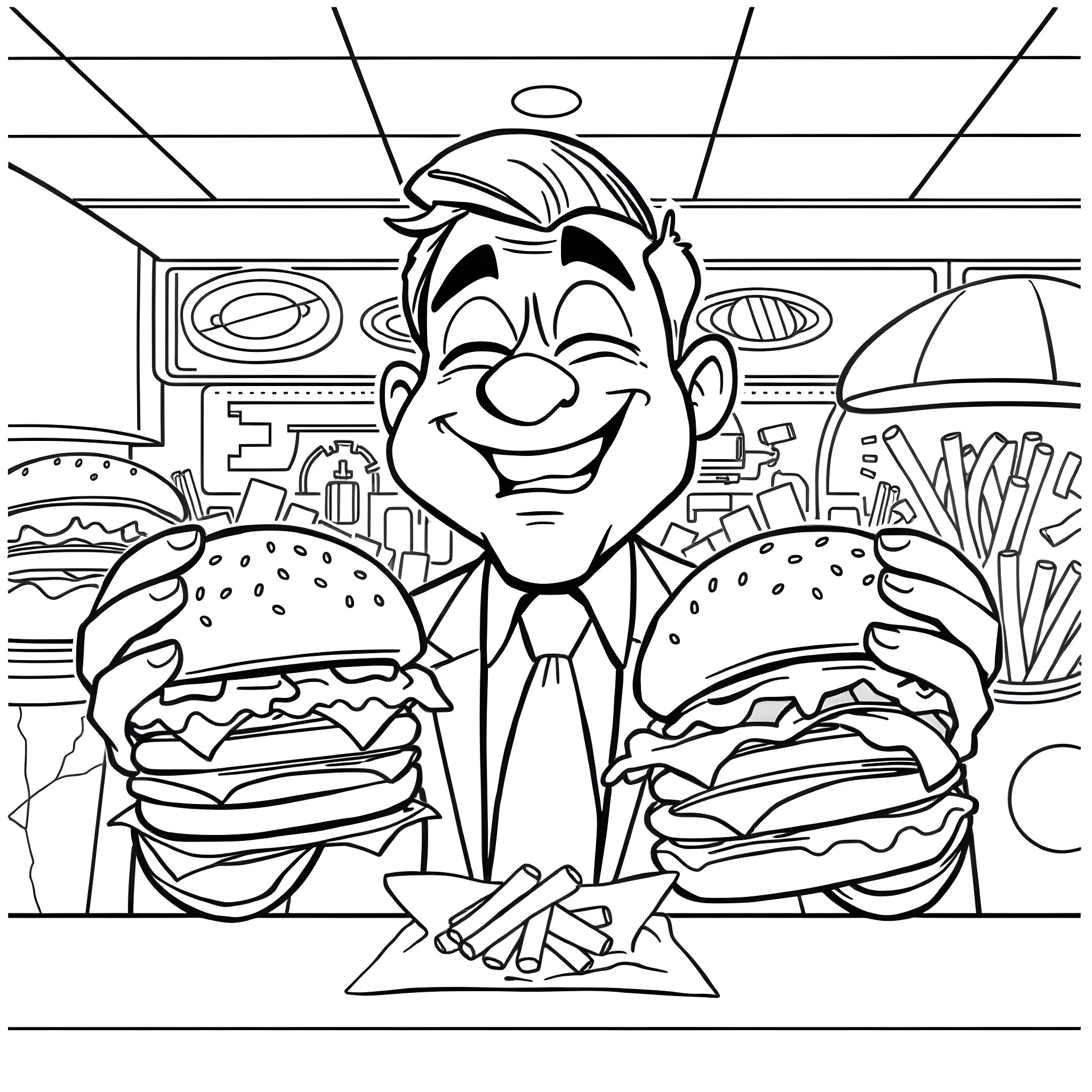 Donald Trump enjoying fast food burgers in the office Coloring Page (free black-and-white line drawing printable PDF for all, from beginners to advanced learners, including children, teens, adults, and seniors)