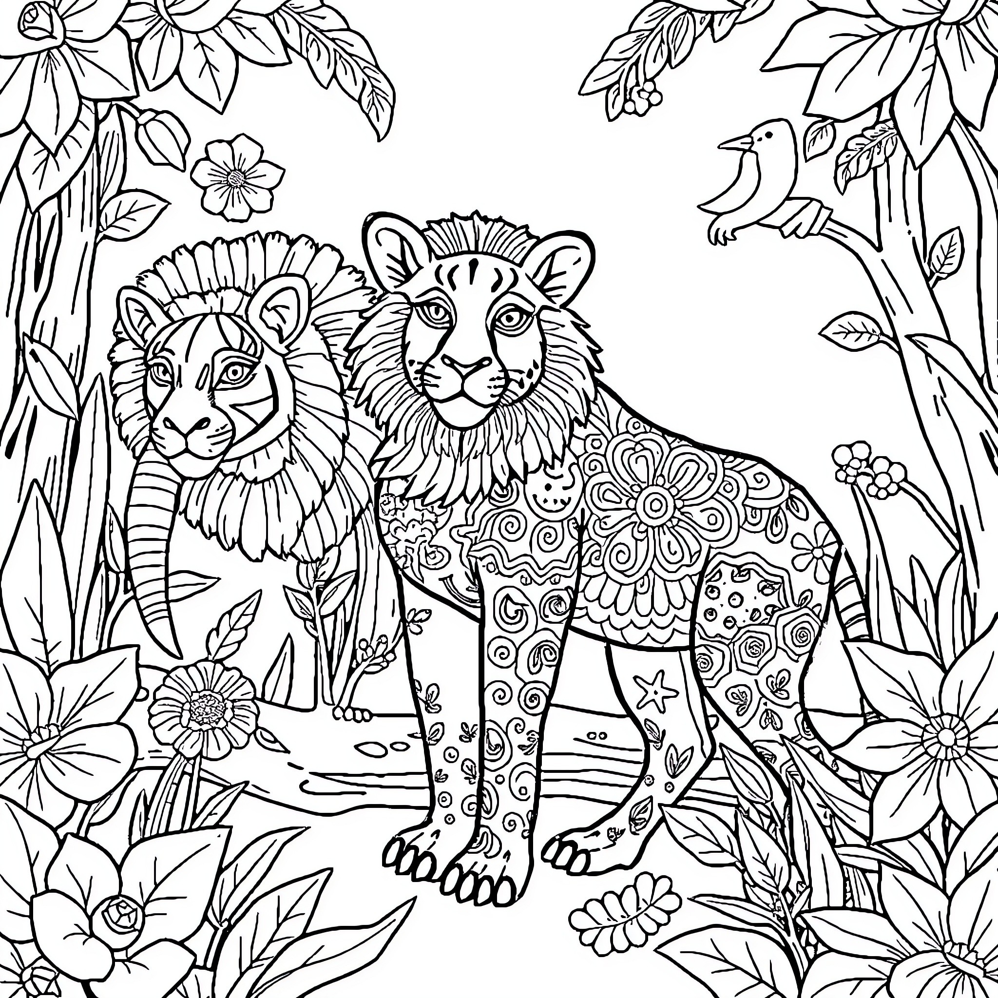 Zoo Animals in Floral Jungle Scene Coloring Page (free black-and-white line drawing printable PDF for all, from beginners to advanced learners, including children, teens, adults, and seniors)