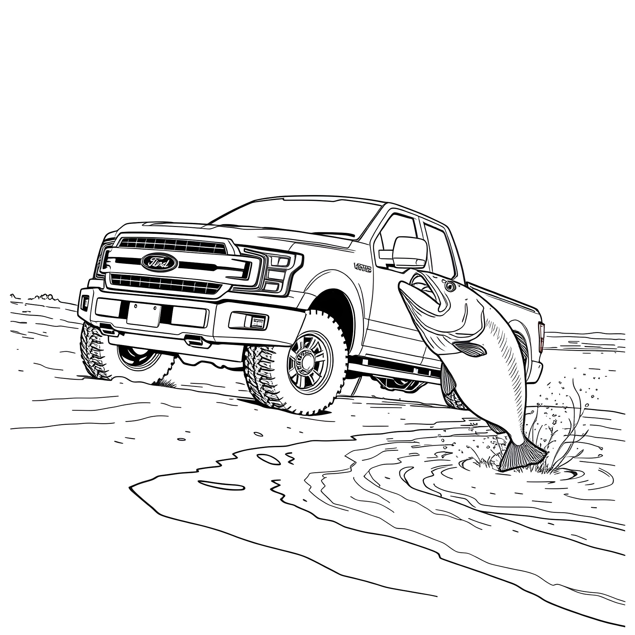 Ford Pickup Truck Navigating Rough Terrain Coloring Page (free black-and-white line drawing printable PDF for all, from beginners to advanced learners, including children, teens, adults, and seniors)