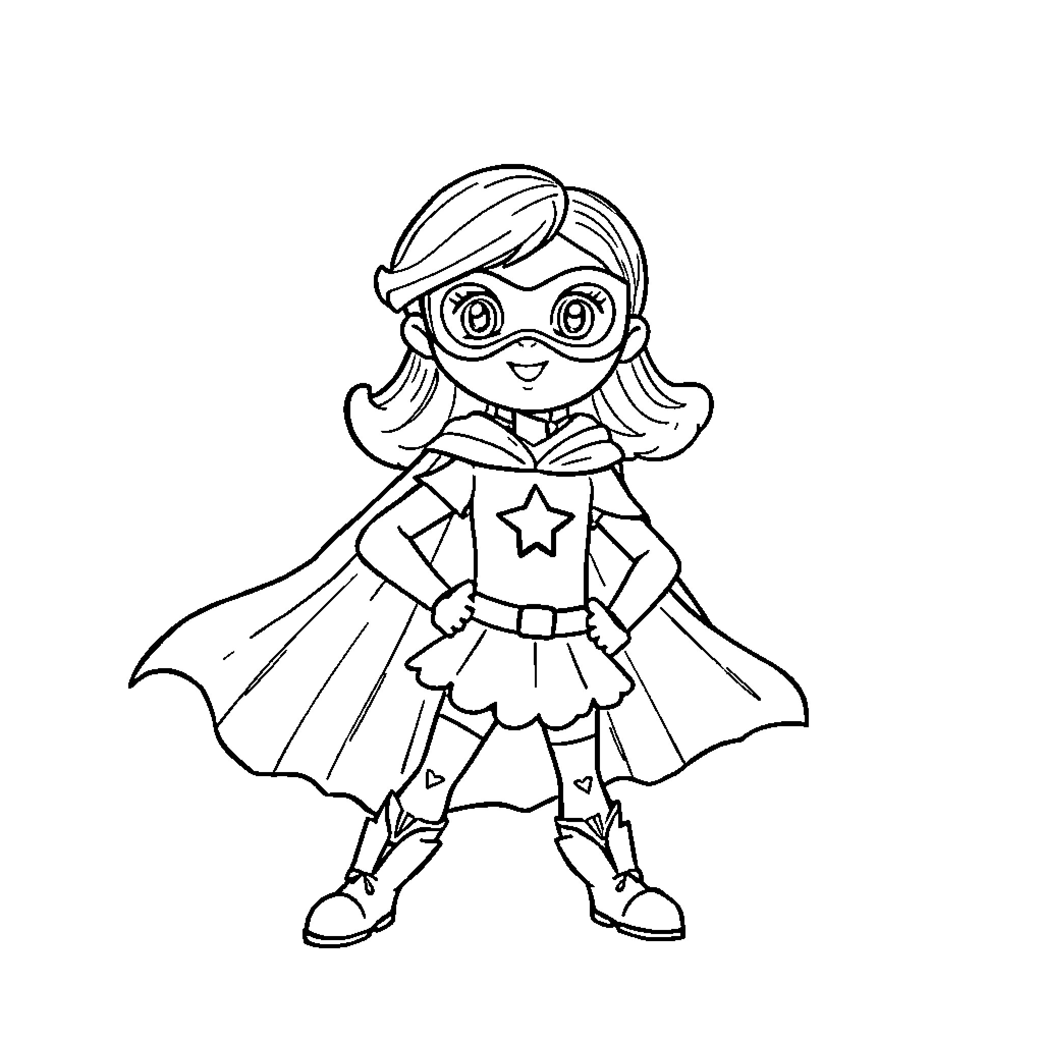 Gabi the Superhero Girl in Action Coloring Page (free black-and-white line drawing printable PDF for all, from beginners to advanced learners, including children, teens, adults, and seniors)