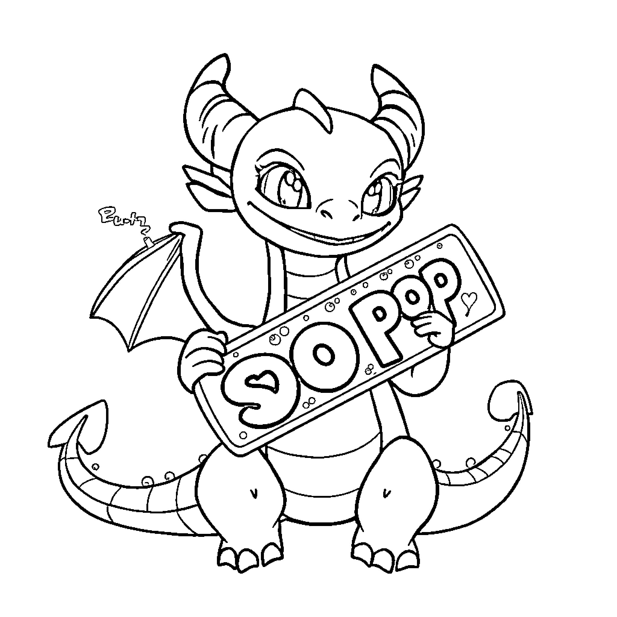 Toothless dragon playing with a 'Pop' sign Coloring Page (free black-and-white line drawing printable PDF for all, from beginners to advanced learners, including children, teens, adults, and seniors)