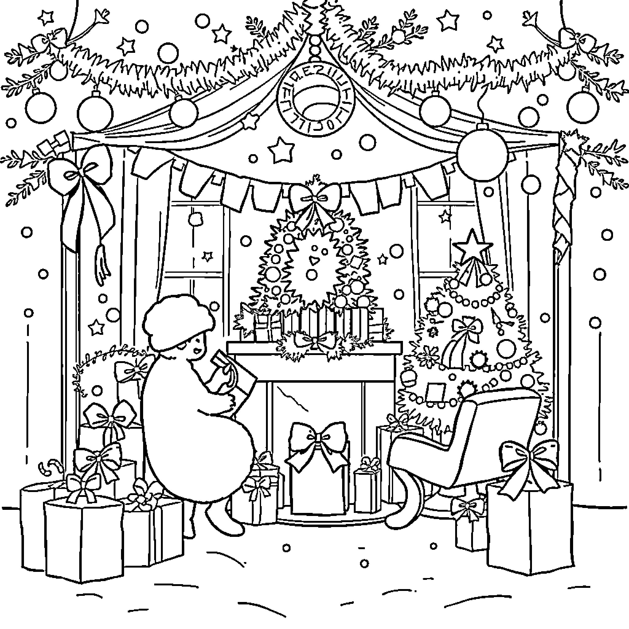 Christmas Decorations and Joyful Celebrations Coloring Page (free black-and-white line drawing printable PDF for all, from beginners to advanced learners, including children, teens, adults, and seniors)