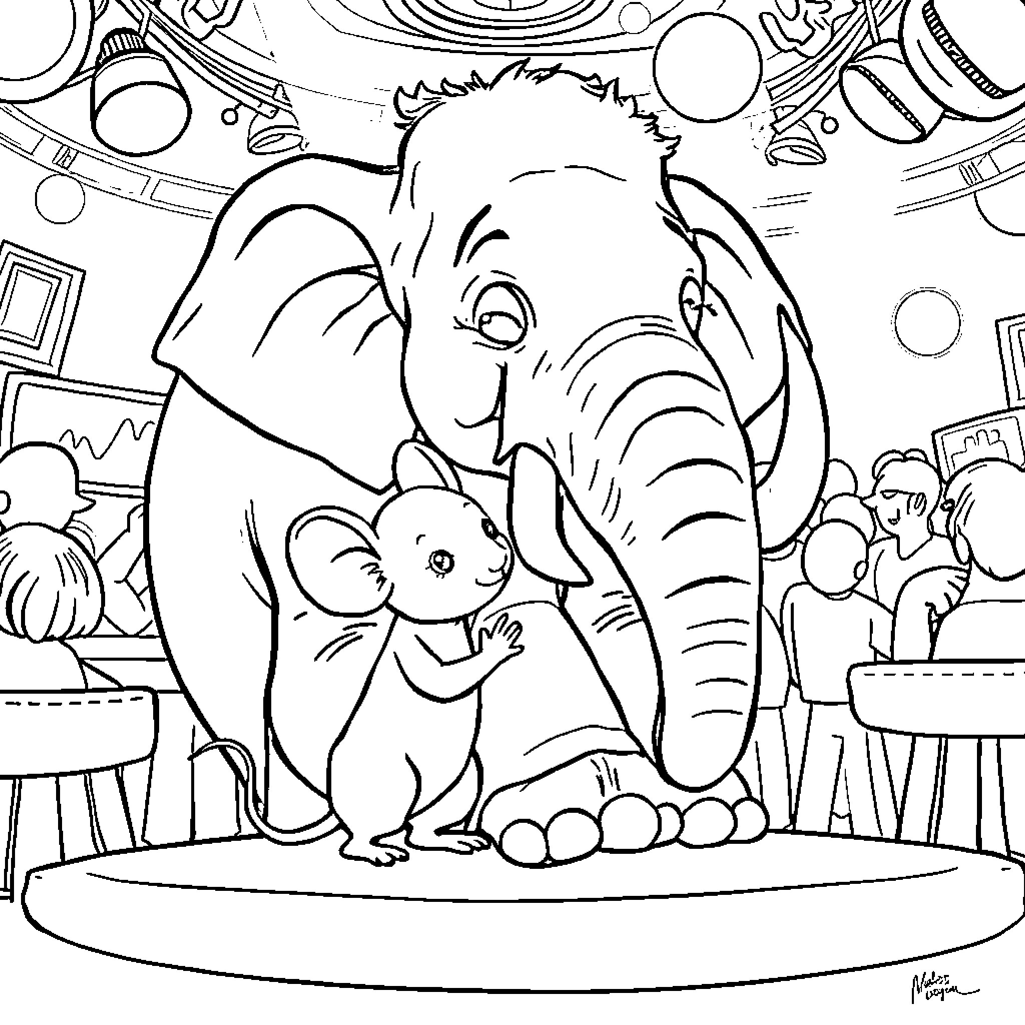 Mouse and Elephant in Whimsical Circus Scene Coloring Page (free black-and-white line drawing printable PDF for all, from beginners to advanced learners, including children, teens, adults, and seniors)