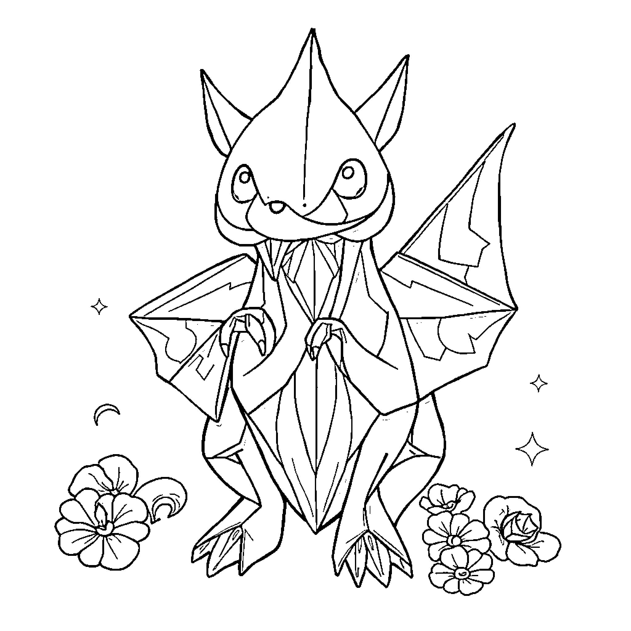 Gralla's Whimsical Creature with Floral Accents Coloring Page (free black-and-white line drawing printable PDF for all, from beginners to advanced learners, including children, teens, adults, and seniors)