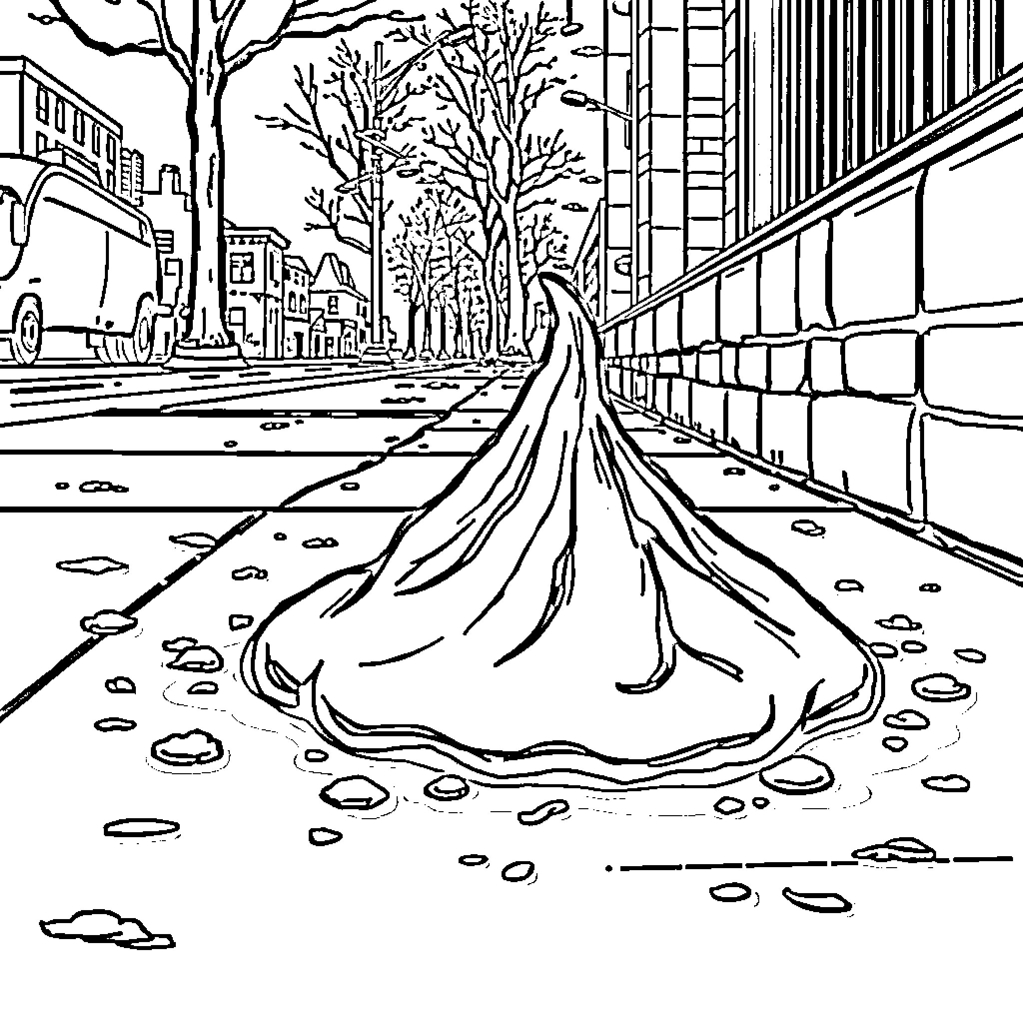 Poop on the Snowy Street Coloring Page (free black-and-white line drawing printable PDF for all, from beginners to advanced learners, including children, teens, adults, and seniors)