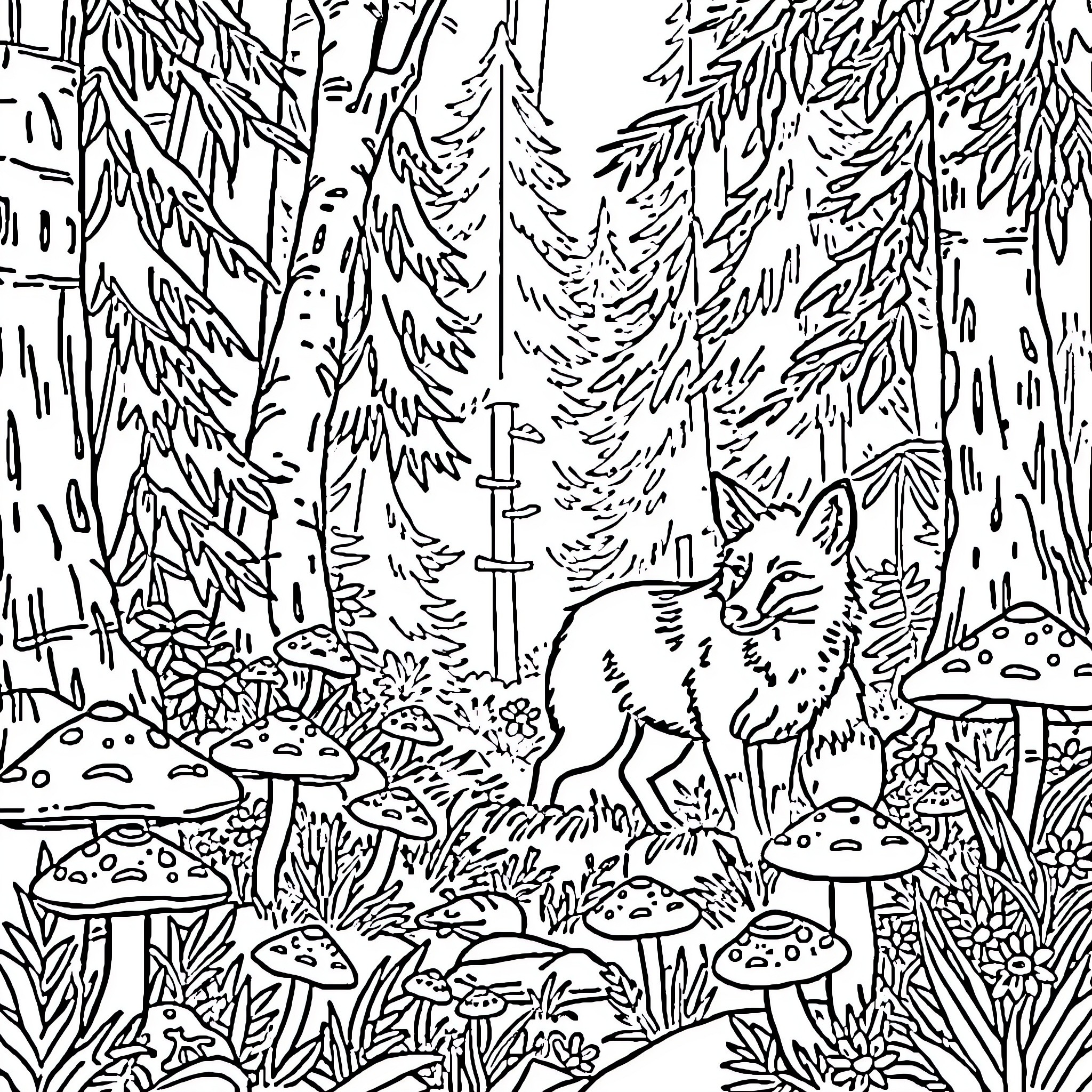 Fox Exploring the Enchanted Forest Coloring Page (free black-and-white line drawing printable PDF for all, from beginners to advanced learners, including children, teens, adults, and seniors)