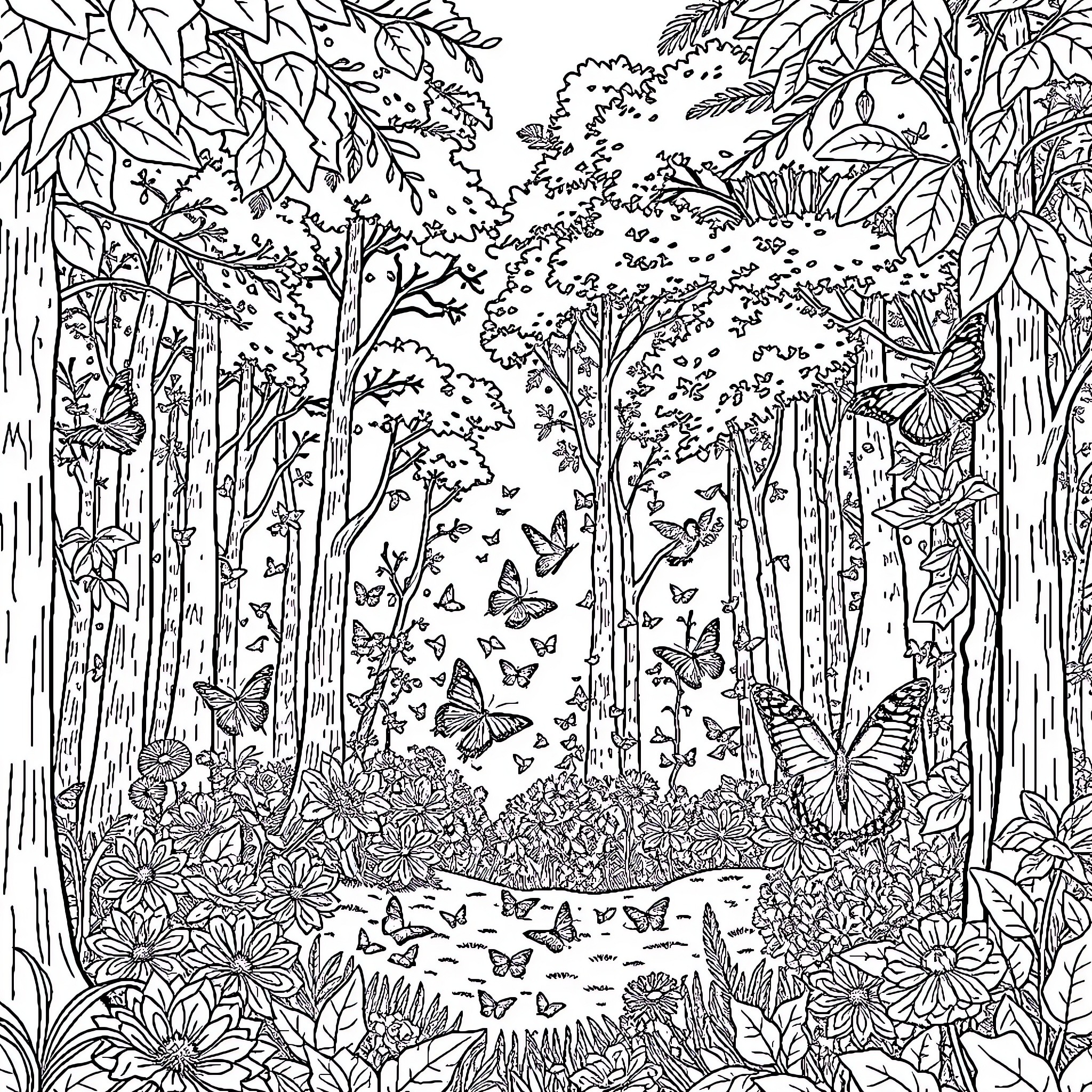 Fairy Forest Filled with Butterflies and Flora Coloring Page (free black-and-white line drawing printable PDF for all, from beginners to advanced learners, including children, teens, adults, and seniors)