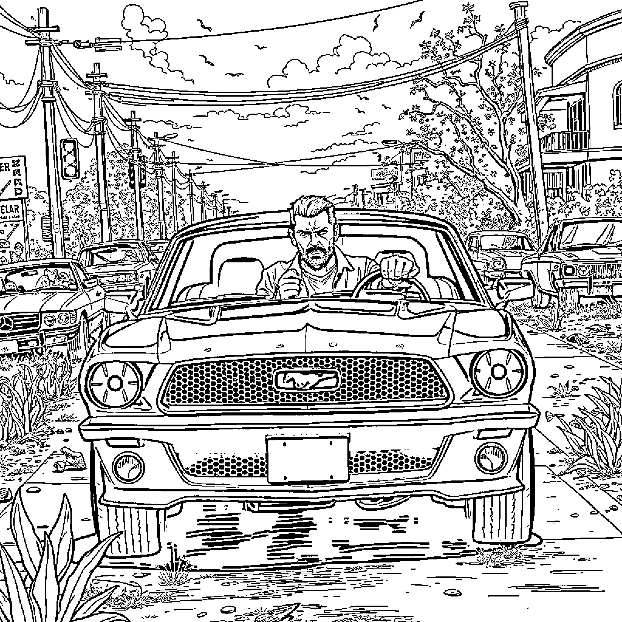 Negan's Menacing Presence in the Desolate City Coloring Page (free black-and-white line drawing printable PDF for all, from beginners to advanced learners, including children, teens, adults, and seniors)