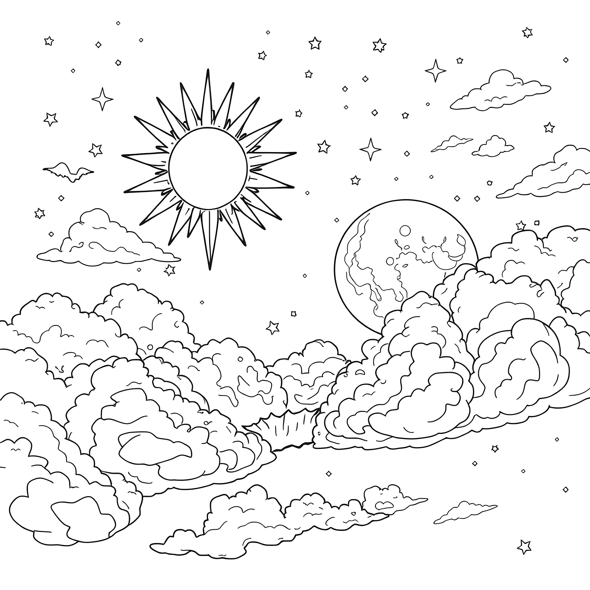 Sun, clouds, and stars in the night sky Coloring Page (free black-and-white line drawing printable PDF for all, from beginners to advanced learners, including children, teens, adults, and seniors)