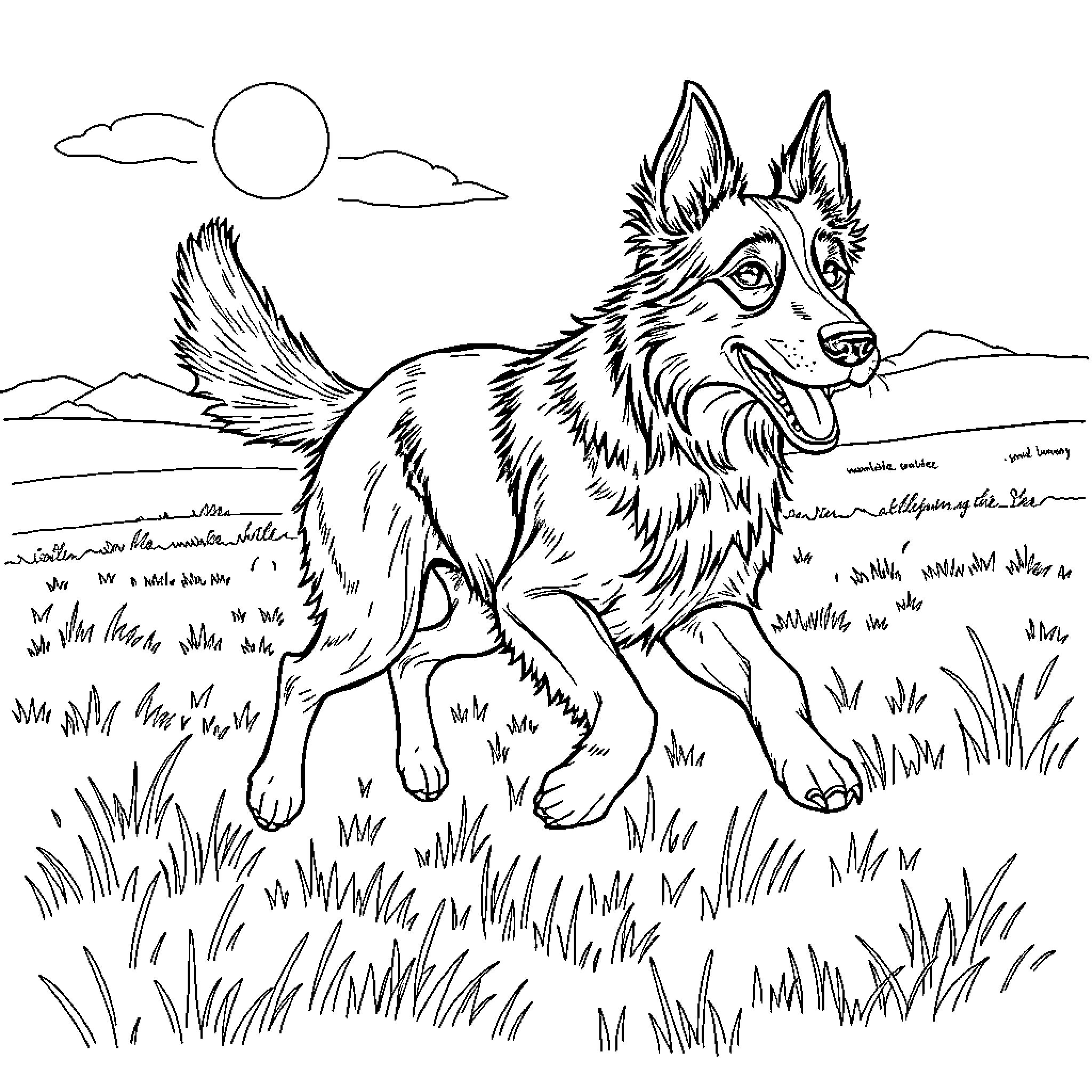 Kelpie dog running playfully in the field Coloring Page (free black-and-white line drawing printable PDF for all, from beginners to advanced learners, including children, teens, adults, and seniors)