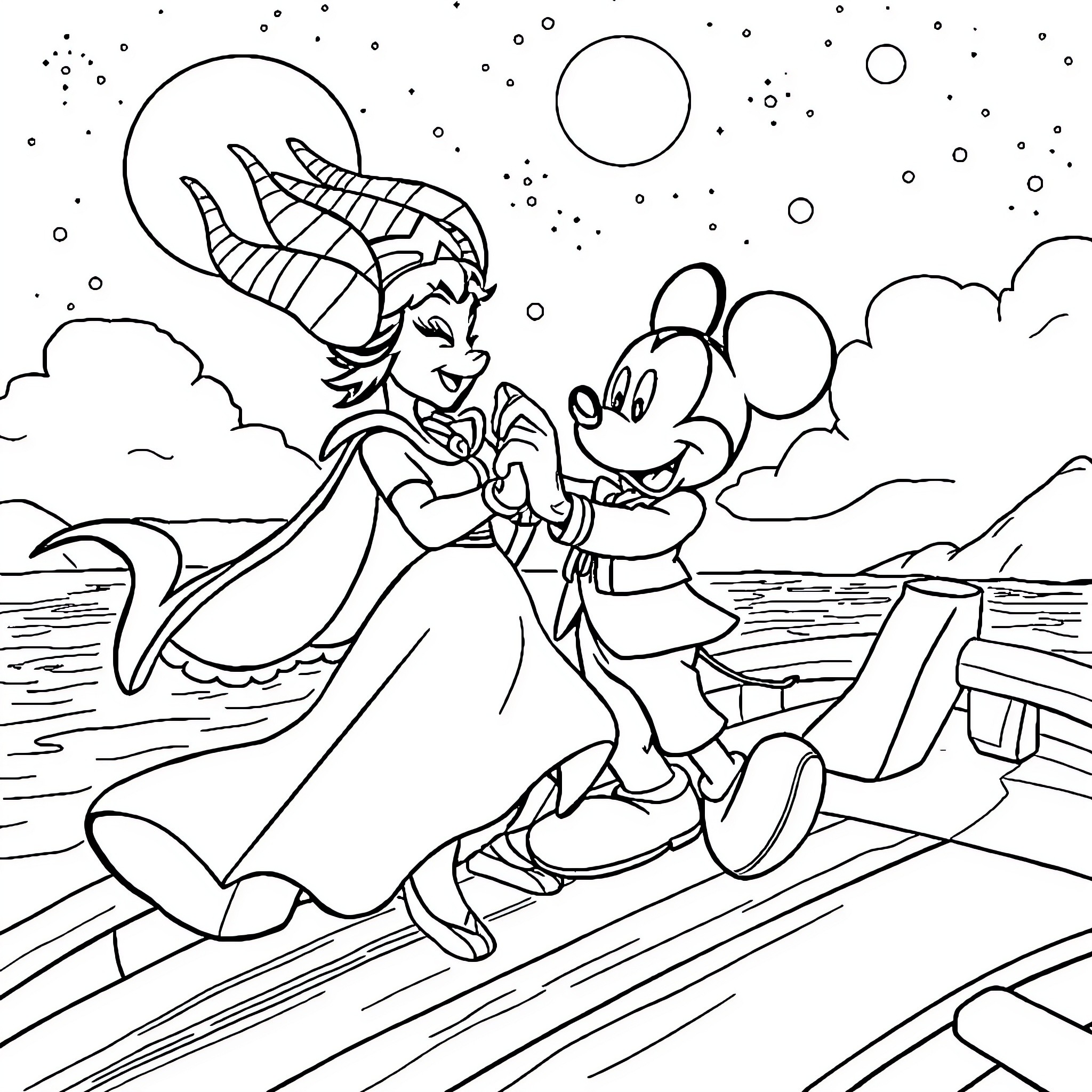 Maleficent and Mickey Mouse in a Magical Encounter Coloring Page (free black-and-white line drawing printable PDF for all, from beginners to advanced learners, including children, teens, adults, and seniors)