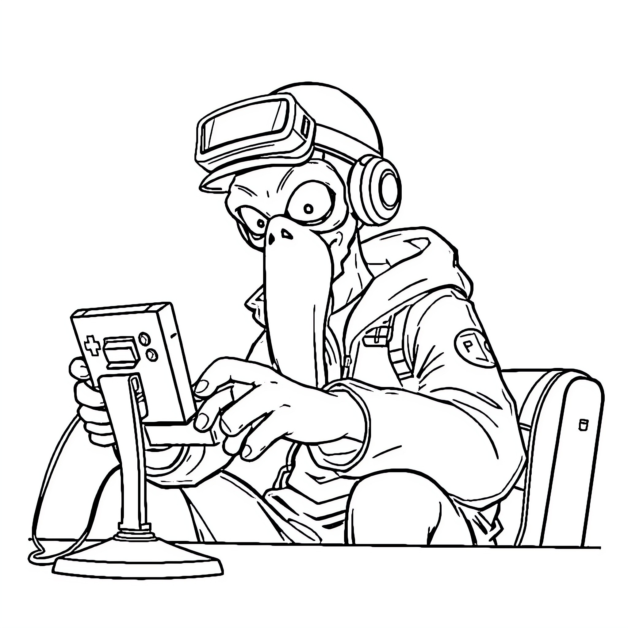 Squid Game Guard Playing Video Game Coloring Page (free black-and-white line drawing printable PDF for all, from beginners to advanced learners, including children, teens, adults, and seniors)