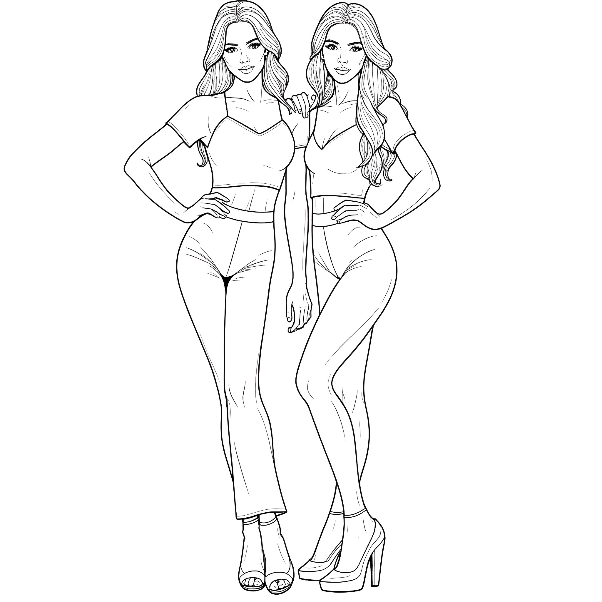 Model Duo in Fashionable Outfits Coloring Page (free black-and-white line drawing printable PDF for all, from beginners to advanced learners, including children, teens, adults, and seniors)