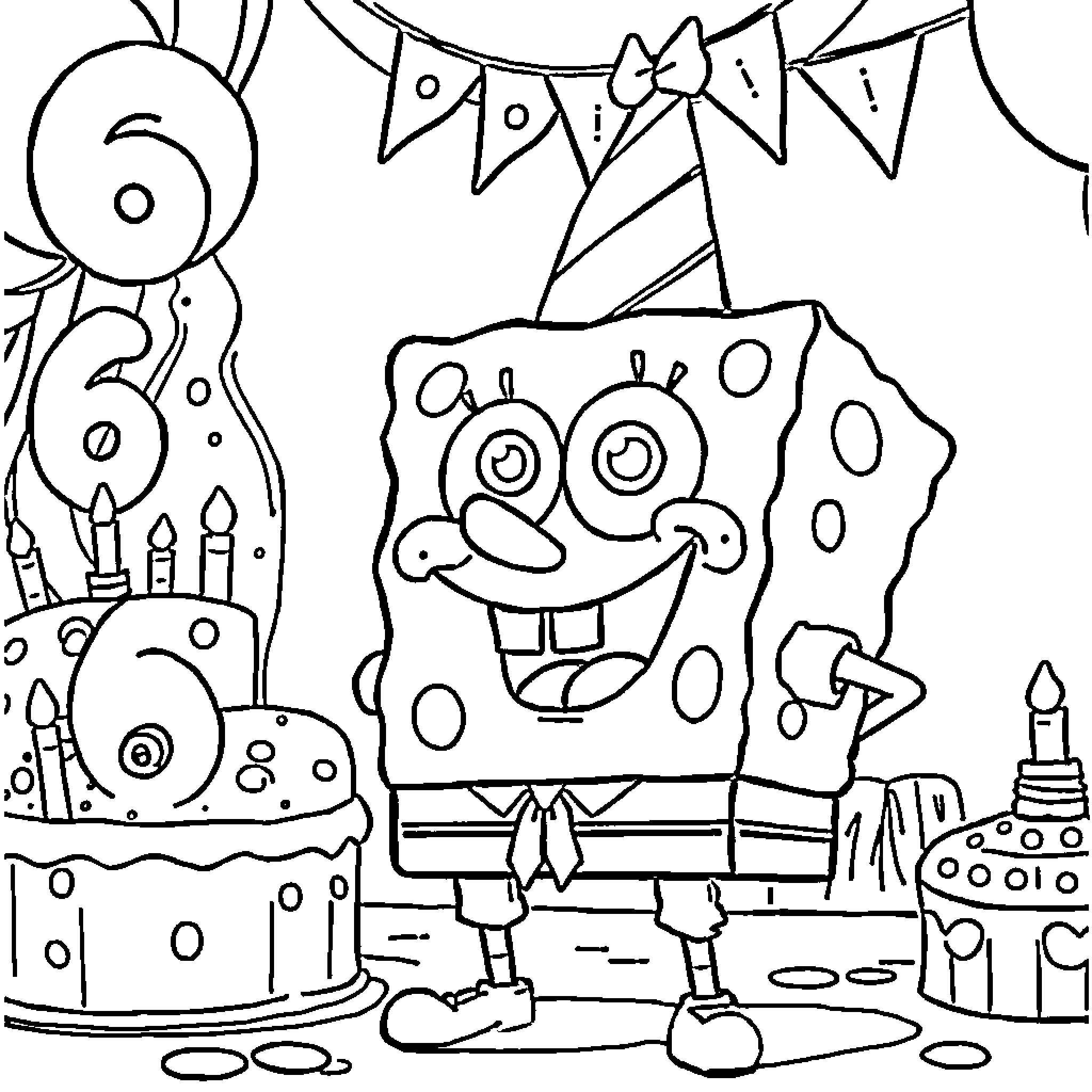 Spongebob's Birthday Party with Decorations Coloring Page (free black-and-white line drawing printable PDF for all, from beginners to advanced learners, including children, teens, adults, and seniors)