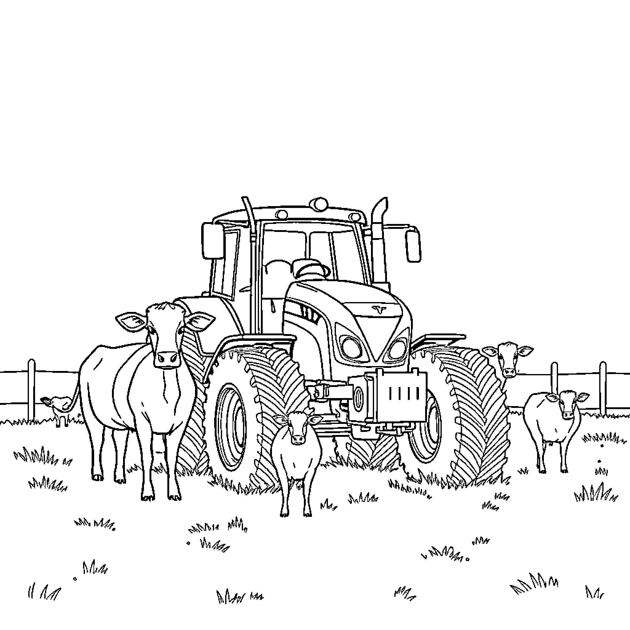 Animal farm tractor surrounded by cows Coloring Page (free black-and-white line drawing printable PDF for all, from beginners to advanced learners, including children, teens, adults, and seniors)