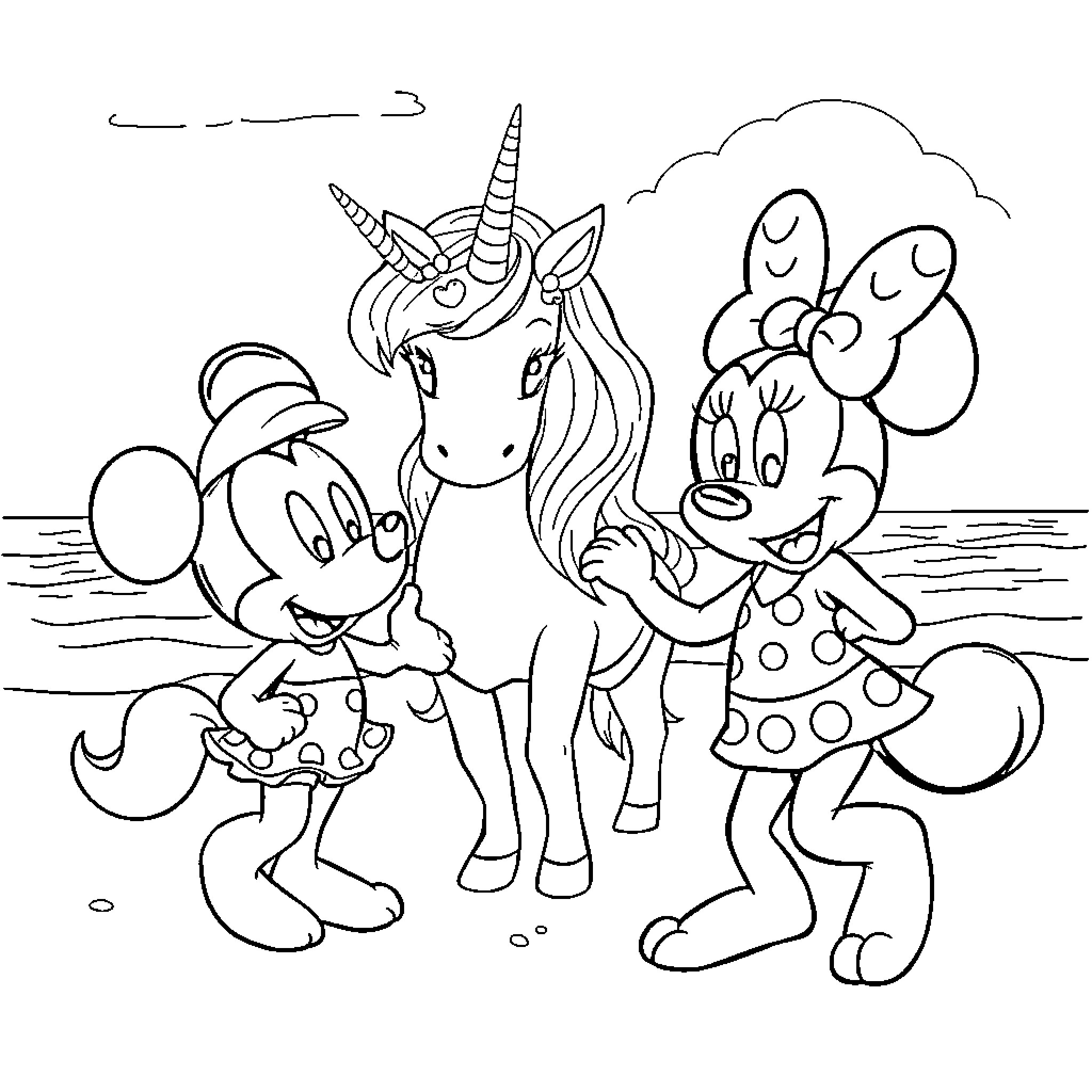 Minnie Mouse and Friends Meet a Unicorn Coloring Page (free black-and-white line drawing printable PDF for all, from beginners to advanced learners, including children, teens, adults, and seniors)