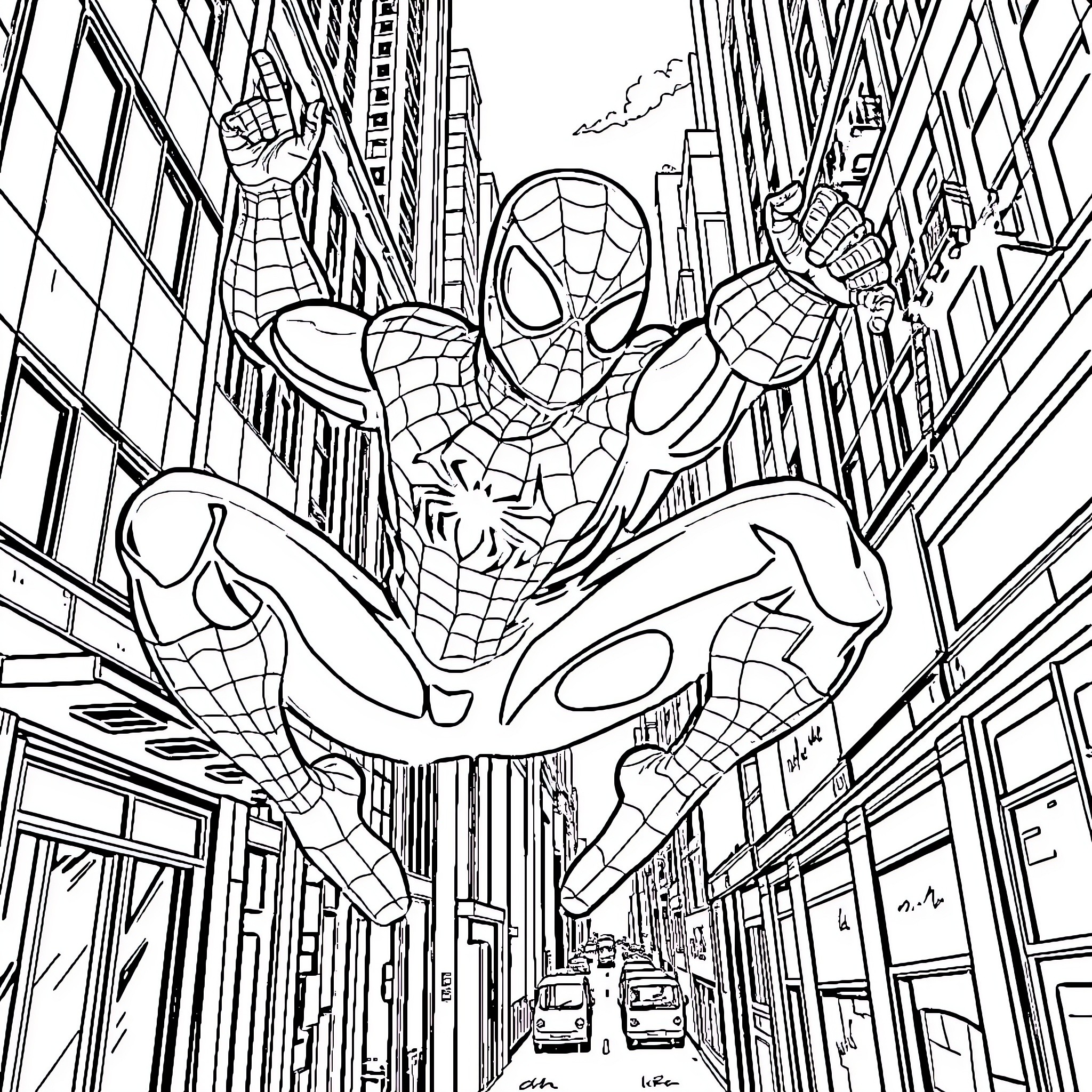 Spider-Man Swinging Through the City Streets Coloring Page (free black-and-white line drawing printable PDF for all, from beginners to advanced learners, including children, teens, adults, and seniors)