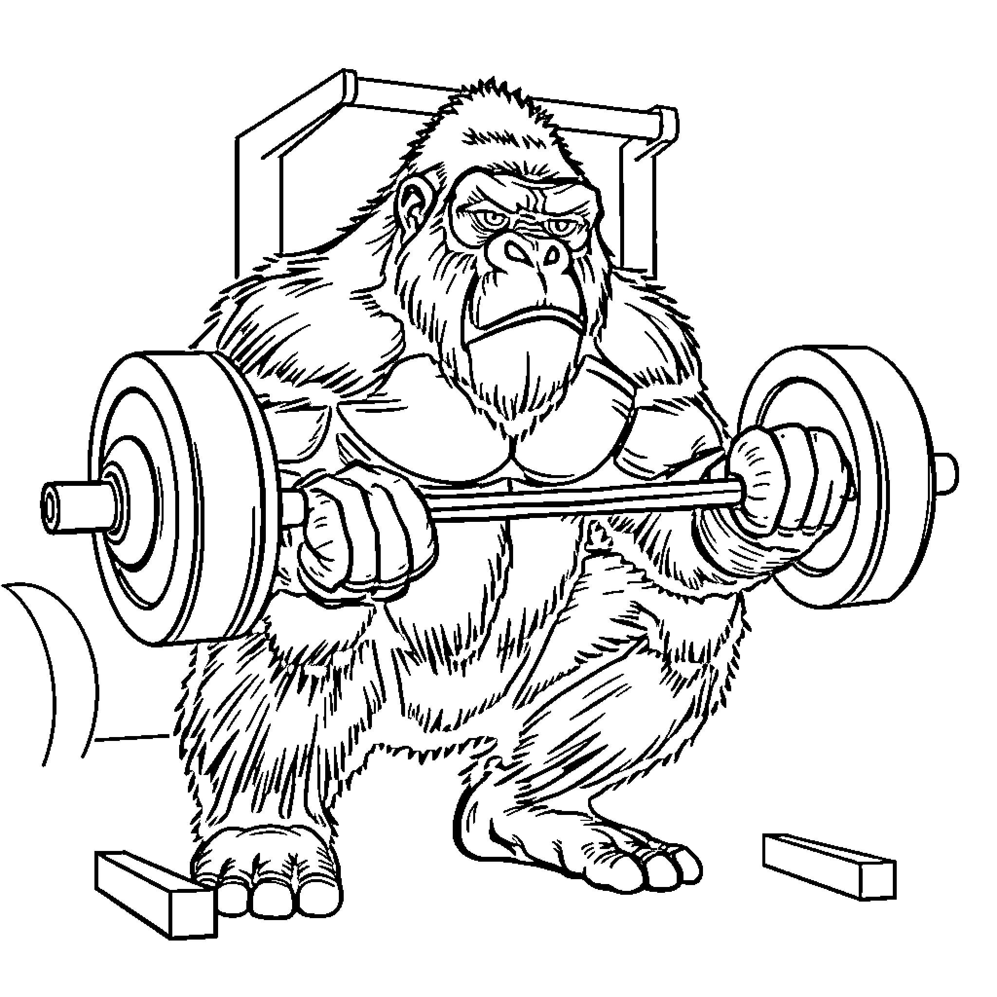 Gorilla lifting weights in gym setting Coloring Page (free black-and-white line drawing printable PDF for all, from beginners to advanced learners, including children, teens, adults, and seniors)